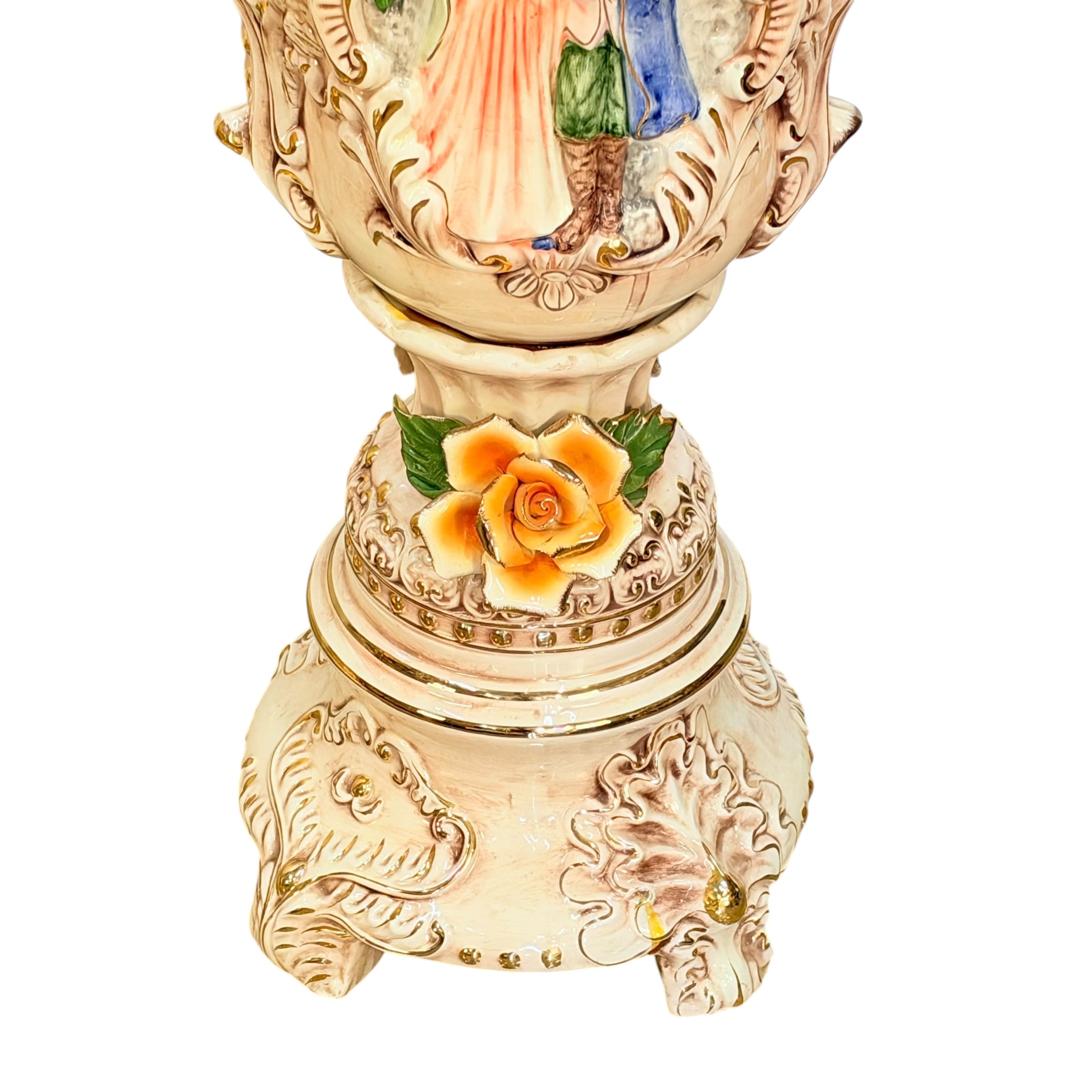 Pair Columbia Fine Porcelain 38” Figural Urns with Lids | Rococo Porcelain Floor Vases | Applied Roses Courting Scene Urns