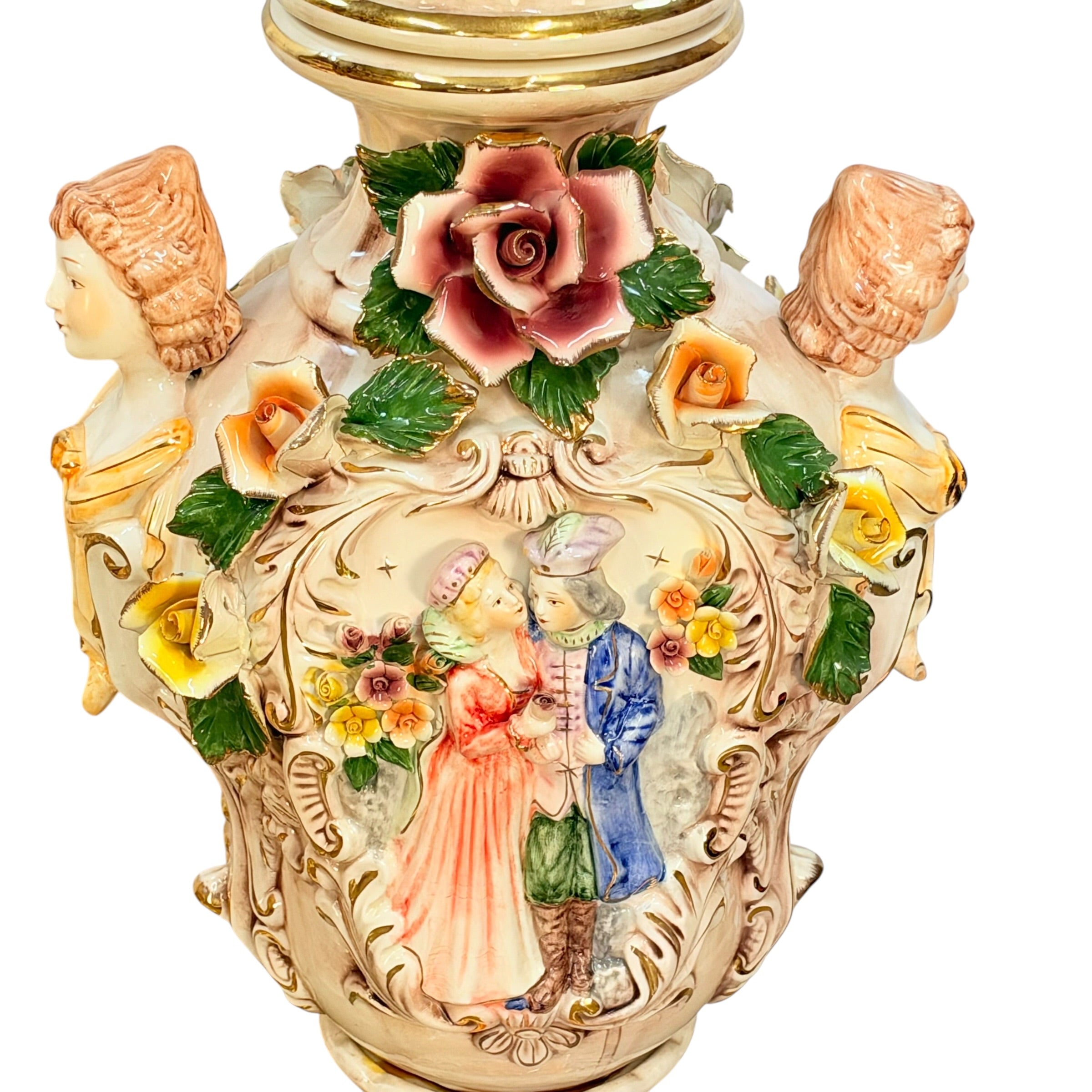 Pair Columbia Fine Porcelain 38” Figural Urns with Lids | Rococo Porcelain Floor Vases | Applied Roses Courting Scene Urns