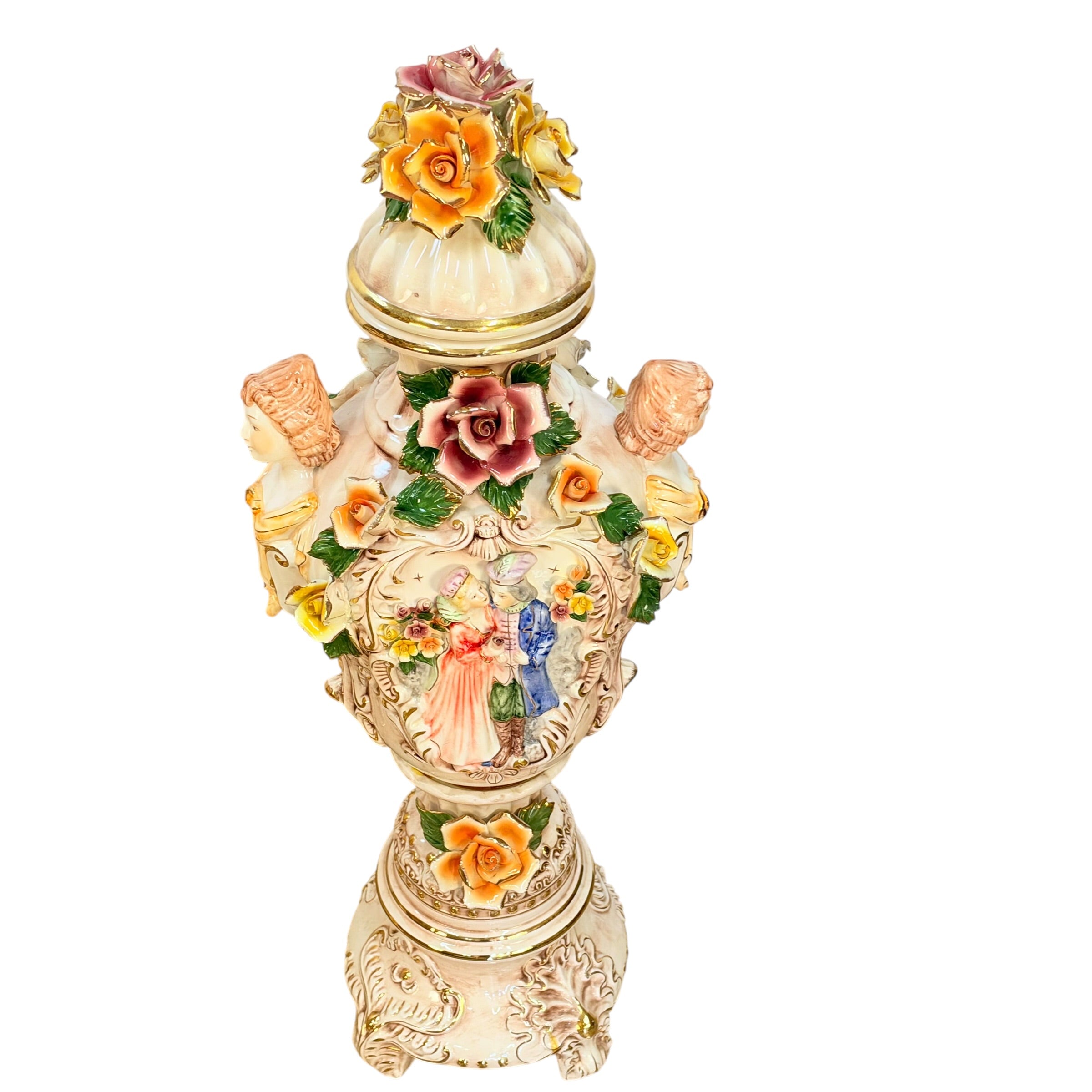 Pair Columbia Fine Porcelain 38” Figural Urns with Lids | Rococo Porcelain Floor Vases | Applied Roses Courting Scene Urns