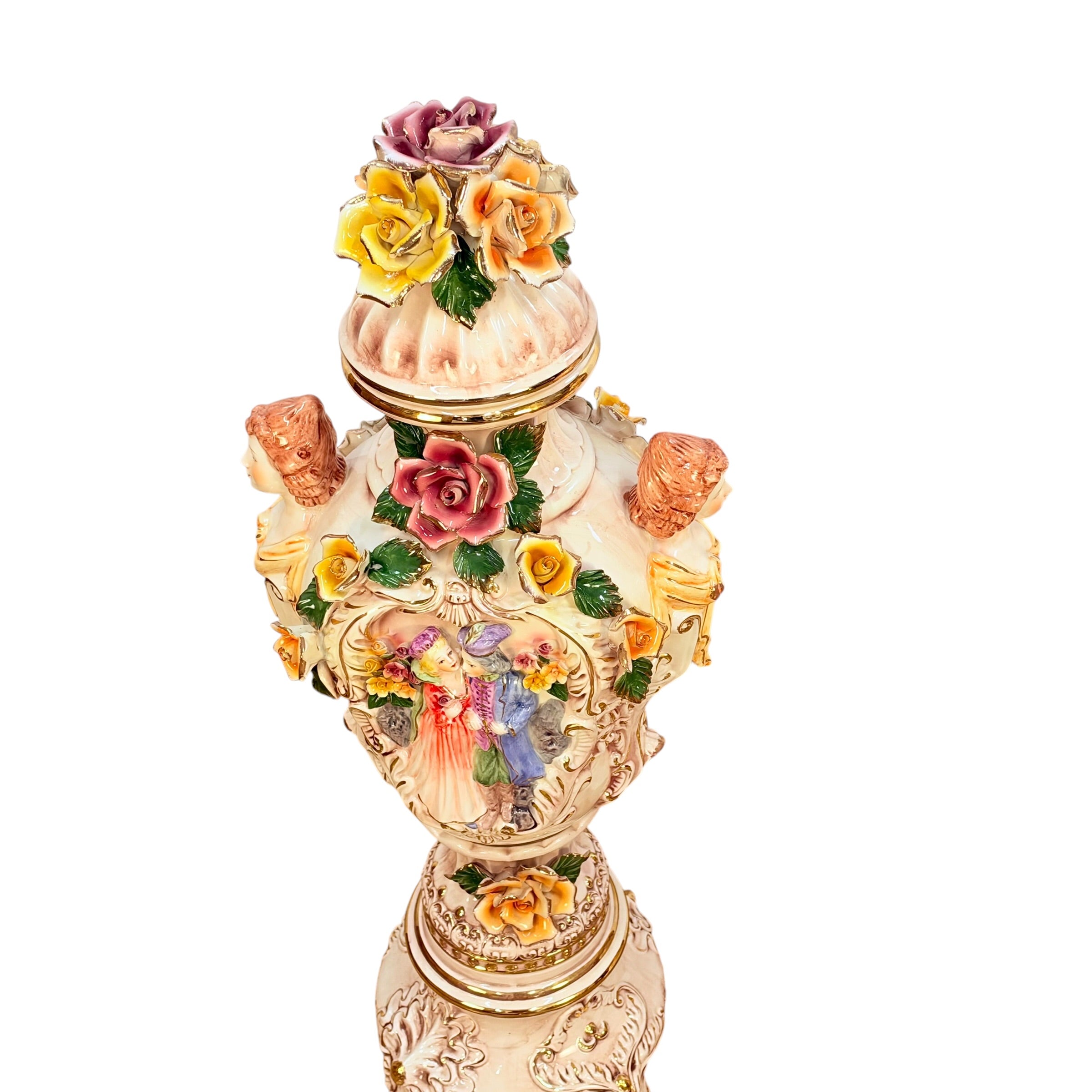 Pair Columbia Fine Porcelain 38” Figural Urns with Lids | Rococo Porcelain Floor Vases | Applied Roses Courting Scene Urns