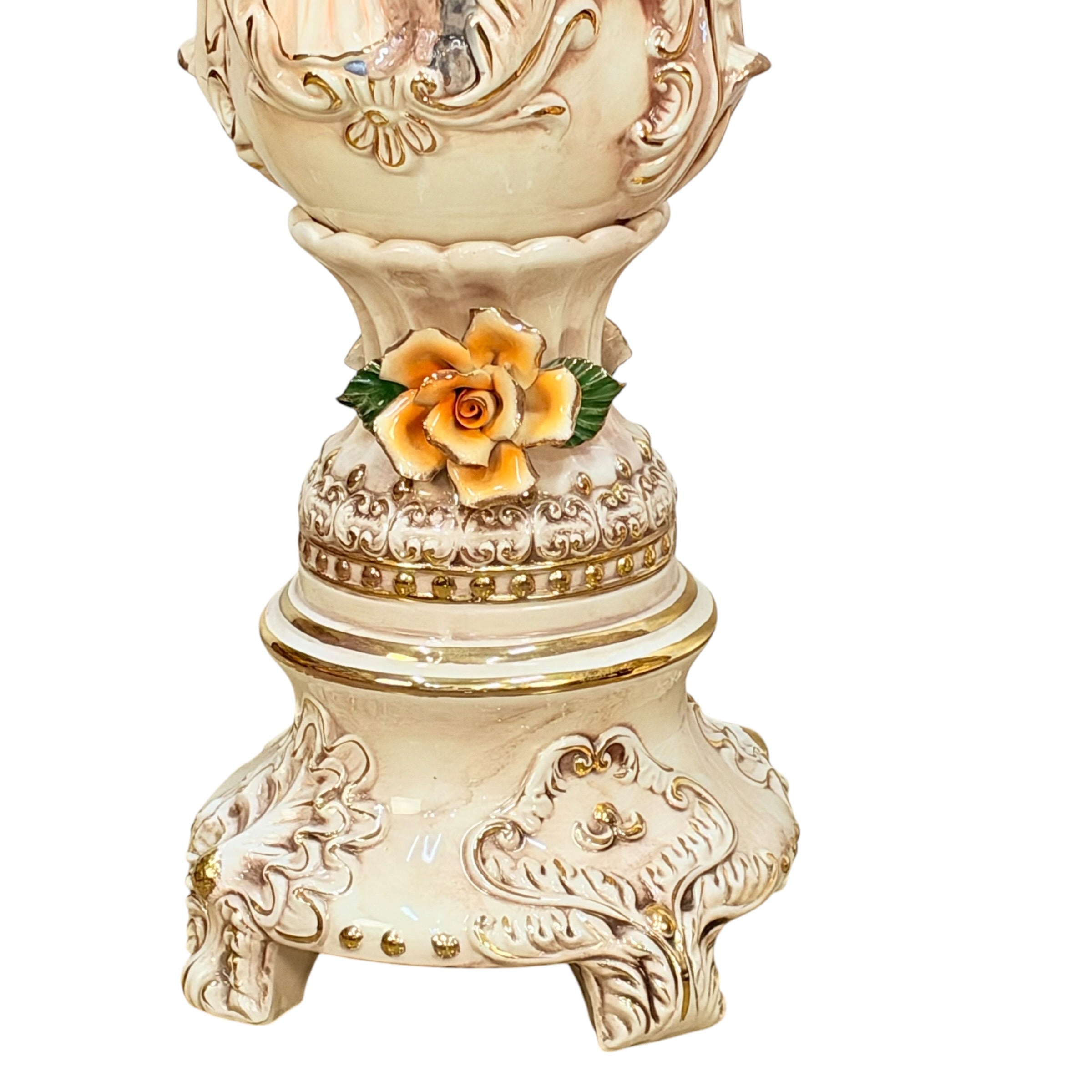 Pair Columbia Fine Porcelain 38” Figural Urns with Lids | Rococo Porcelain Floor Vases | Applied Roses Courting Scene Urns