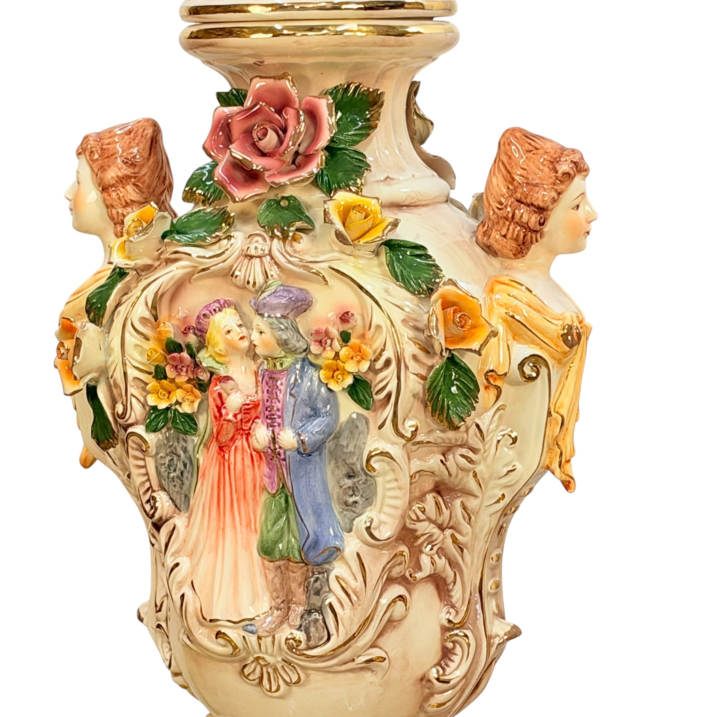 Pair Columbia Fine Porcelain 38” Figural Urns with Lids | Rococo Porcelain Floor Vases | Applied Roses Courting Scene Urns