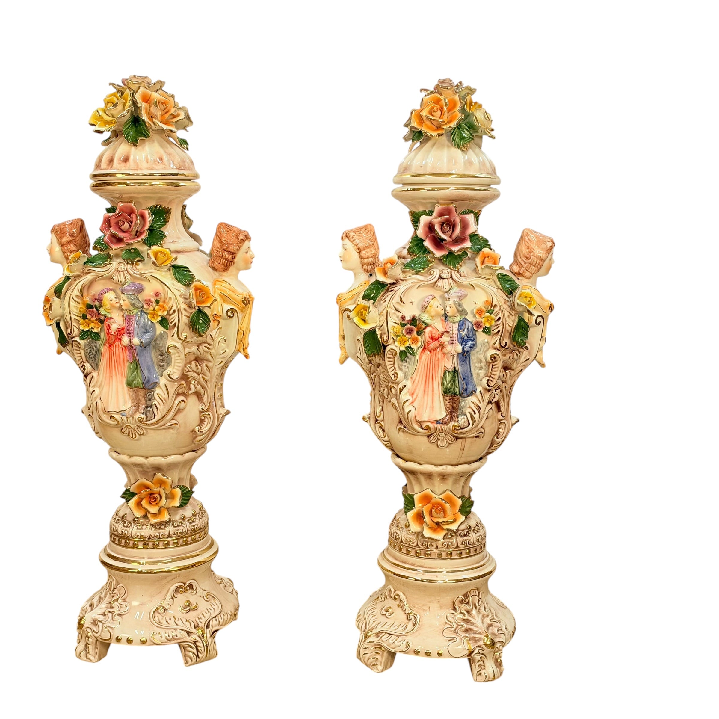 Pair Columbia Fine Porcelain 38” Figural Urns with Lids | Rococo Porcelain Floor Vases | Applied Roses Courting Scene Urns