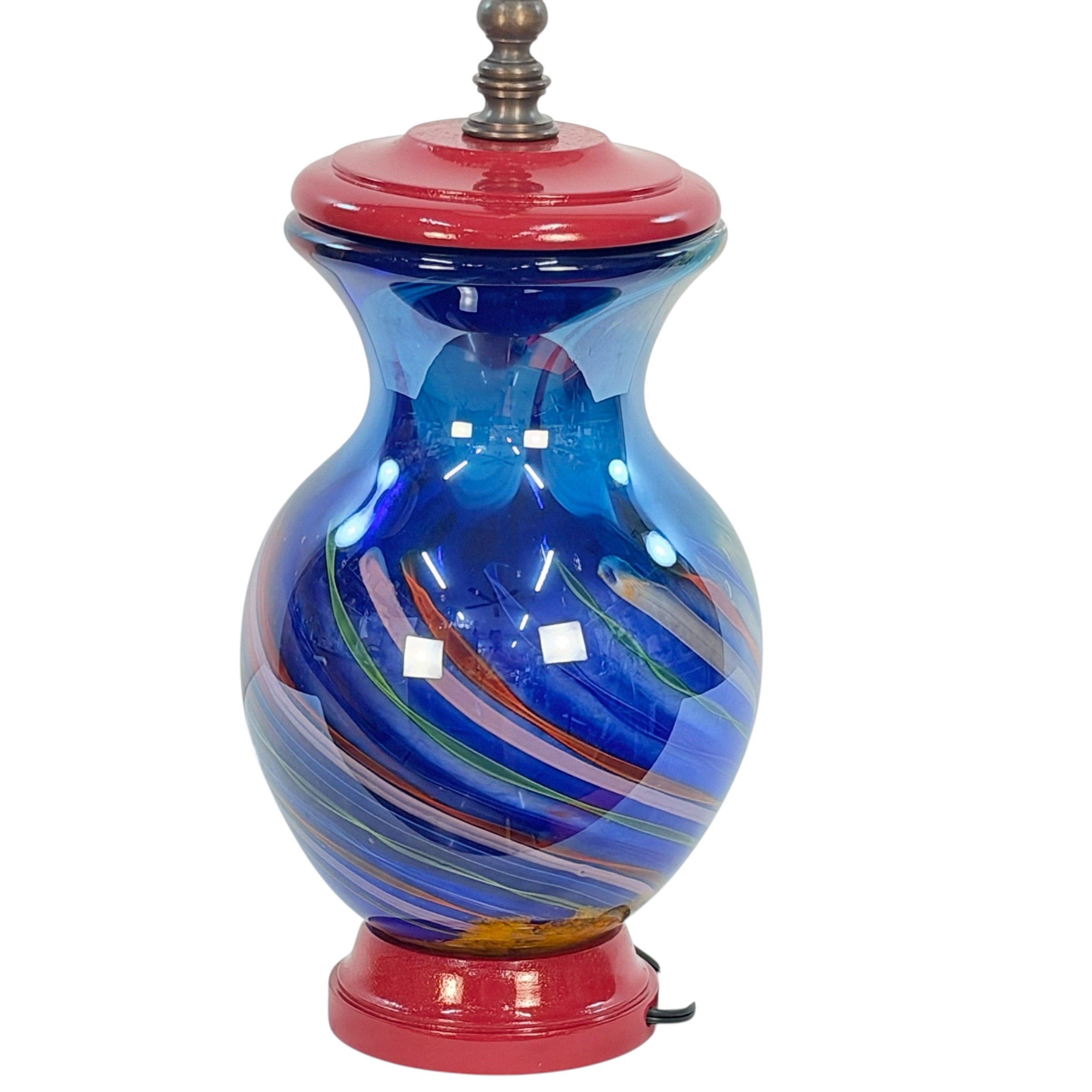 Custom Art Glass Vase Lamp – Cobalt Blue Swirl Glass – One of a Kind Handmade Table Lamp – Dark Patina Brass – Vintage Glass Lighting