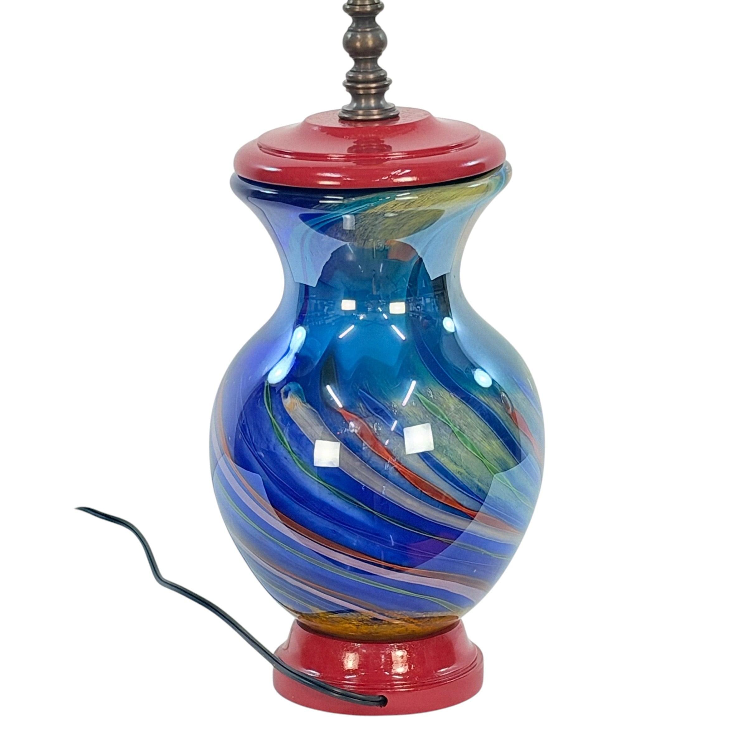 Custom Art Glass Vase Lamp – Cobalt Blue Swirl Glass – One of a Kind Handmade Table Lamp – Dark Patina Brass – Vintage Glass Lighting