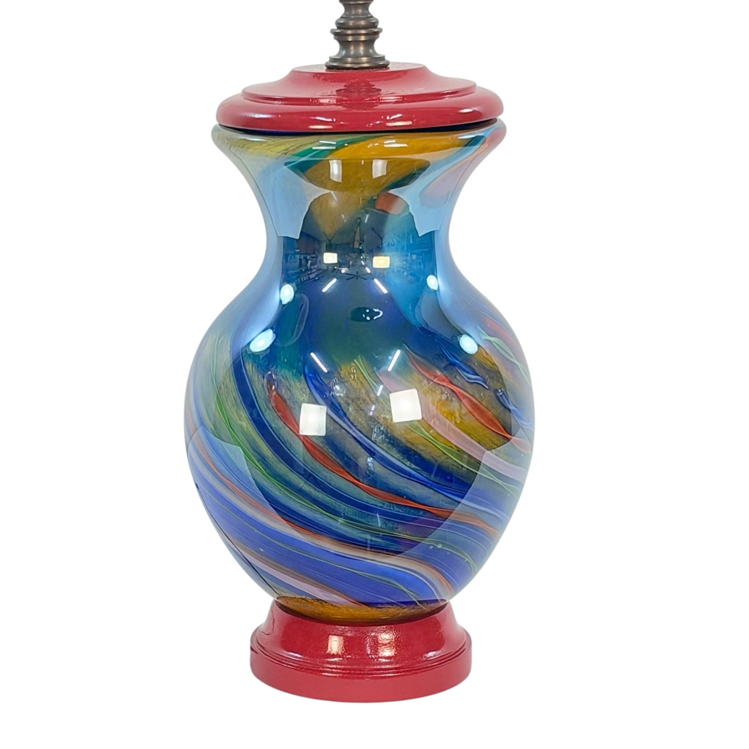 Custom Art Glass Vase Lamp – Cobalt Blue Swirl Glass – One of a Kind Handmade Table Lamp – Dark Patina Brass – Vintage Glass Lighting