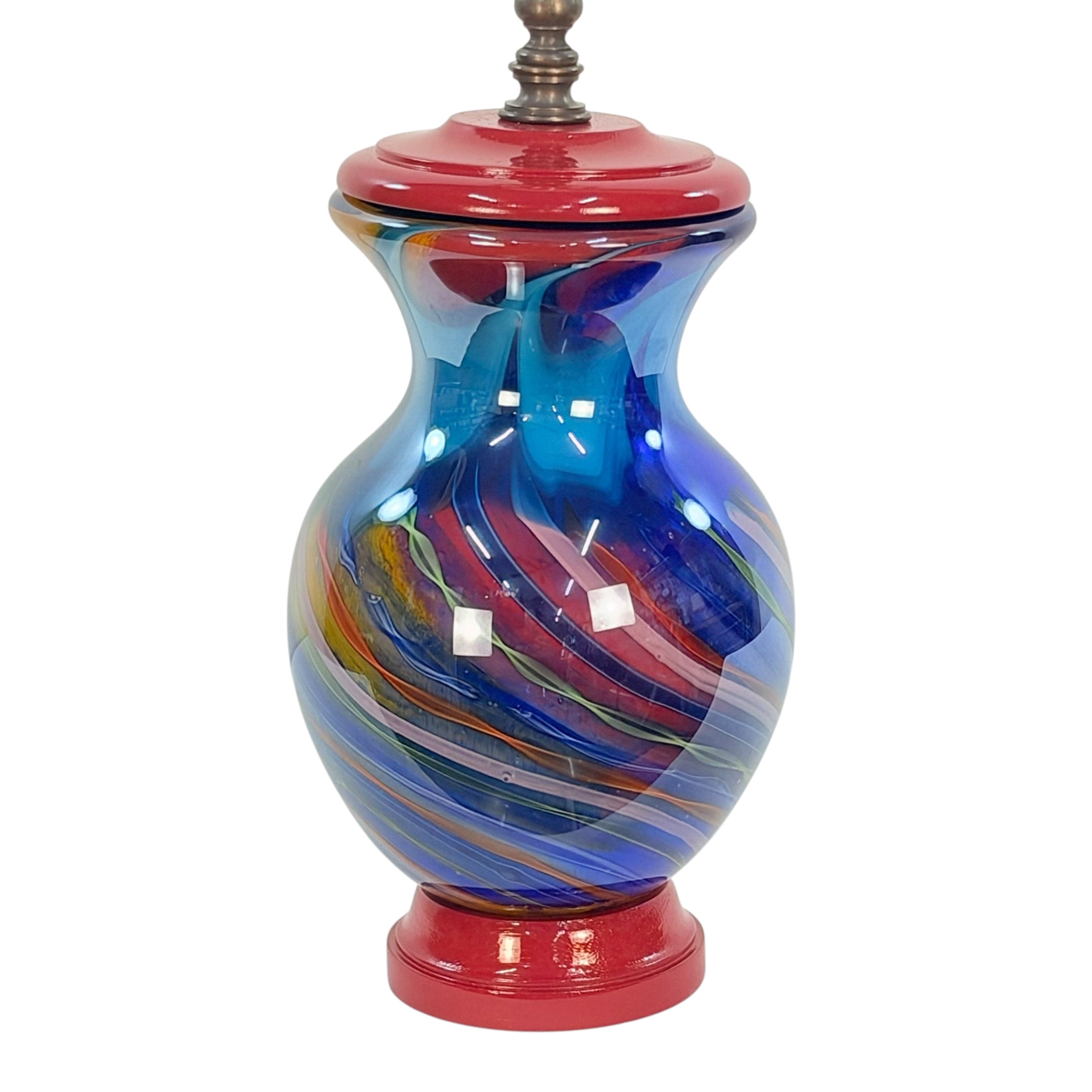 Custom Art Glass Vase Lamp – Cobalt Blue Swirl Glass – One of a Kind Handmade Table Lamp – Dark Patina Brass – Vintage Glass Lighting