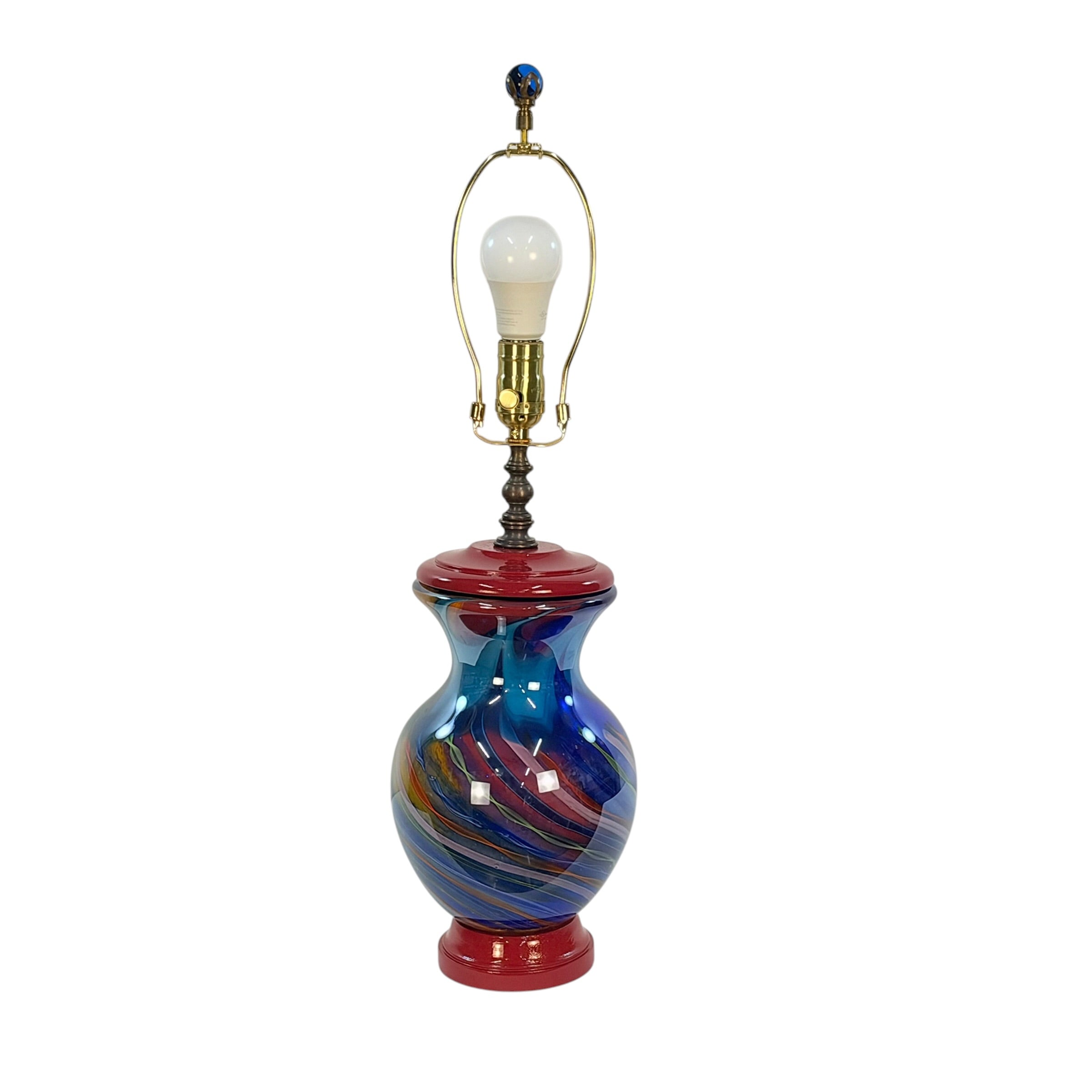 Custom Art Glass Vase Lamp – Cobalt Blue Swirl Glass – One of a Kind Handmade Table Lamp – Dark Patina Brass – Vintage Glass Lighting
