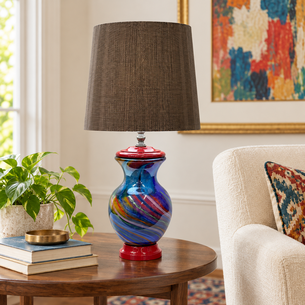 Custom Art Glass Vase Lamp – Cobalt Blue Swirl Glass – One of a Kind Handmade Table Lamp – Dark Patina Brass – Vintage Glass Lighting