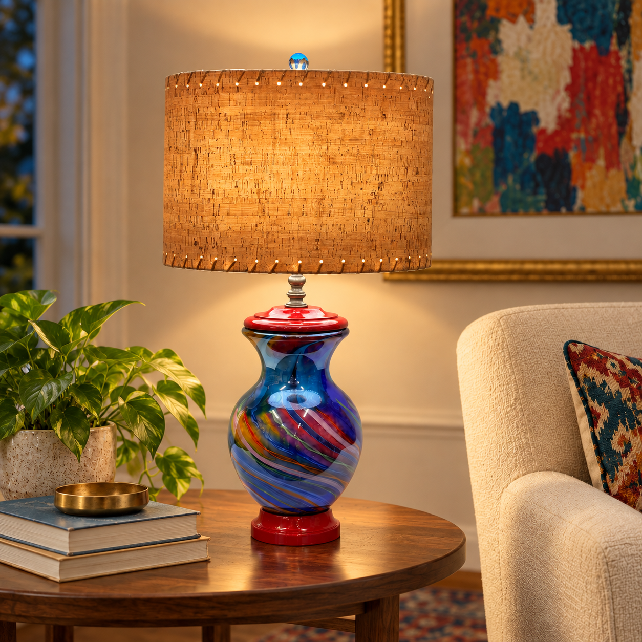 Custom Art Glass Vase Lamp – Cobalt Blue Swirl Glass – One of a Kind Handmade Table Lamp – Dark Patina Brass – Vintage Glass Lighting
