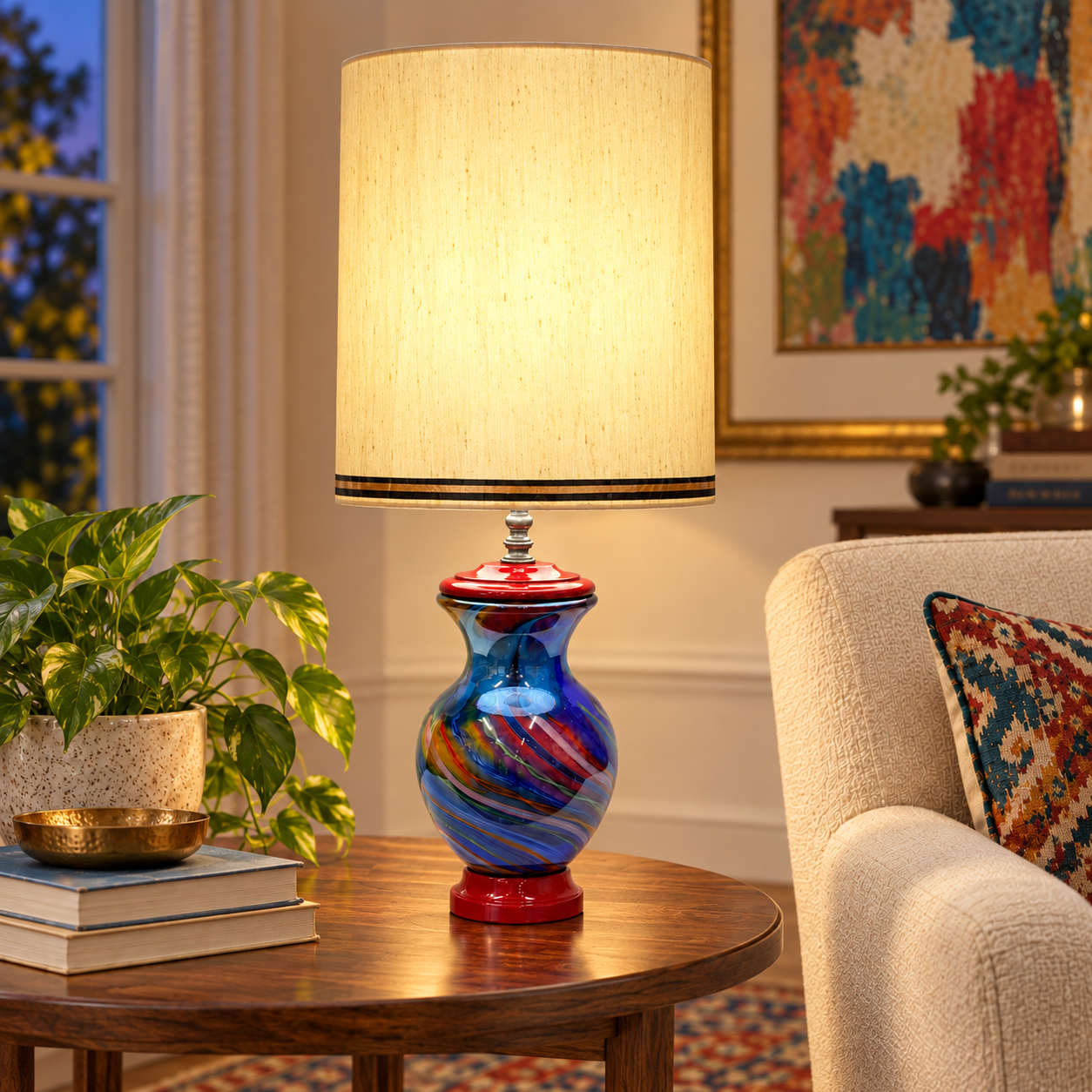 Custom Art Glass Vase Lamp – Cobalt Blue Swirl Glass – One of a Kind Handmade Table Lamp – Dark Patina Brass – Vintage Glass Lighting