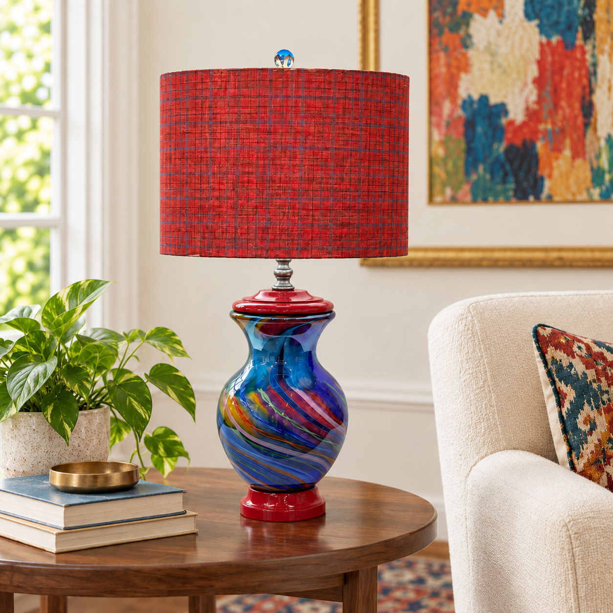 Custom Art Glass Vase Lamp – Cobalt Blue Swirl Glass – One of a Kind Handmade Table Lamp – Dark Patina Brass – Vintage Glass Lighting