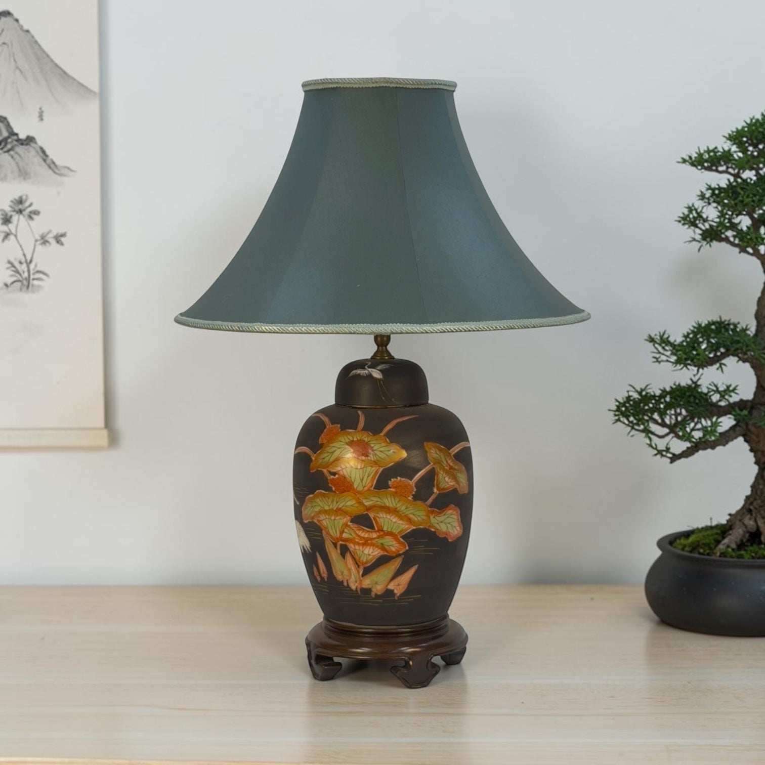Handmade Green Bell Lampshade | Hand Sewn Fabric Shade | Soft Sage Green with Light Green Trim | 18.5" Bottom | Artisan Lampshade