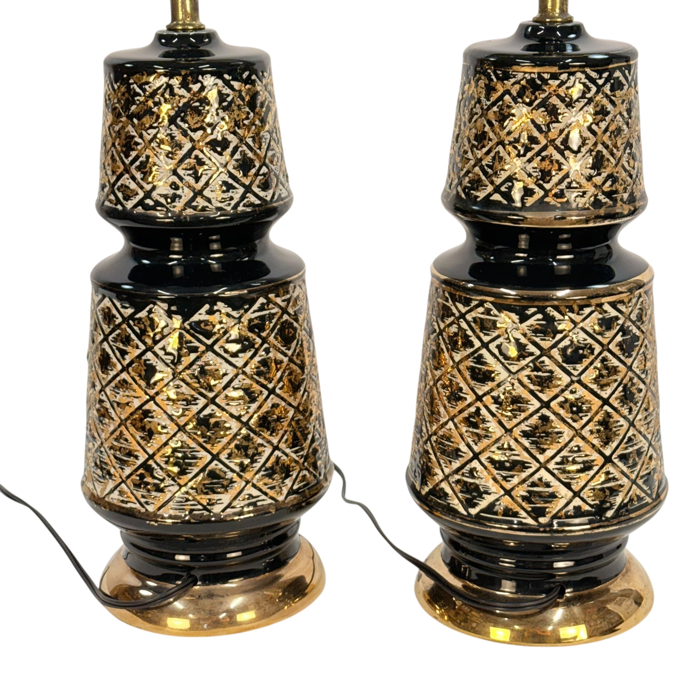 Pair Vintage 1970s Black & Gold Table Lamps with Original Fiberglass Shades | Hollywood Regency MCM