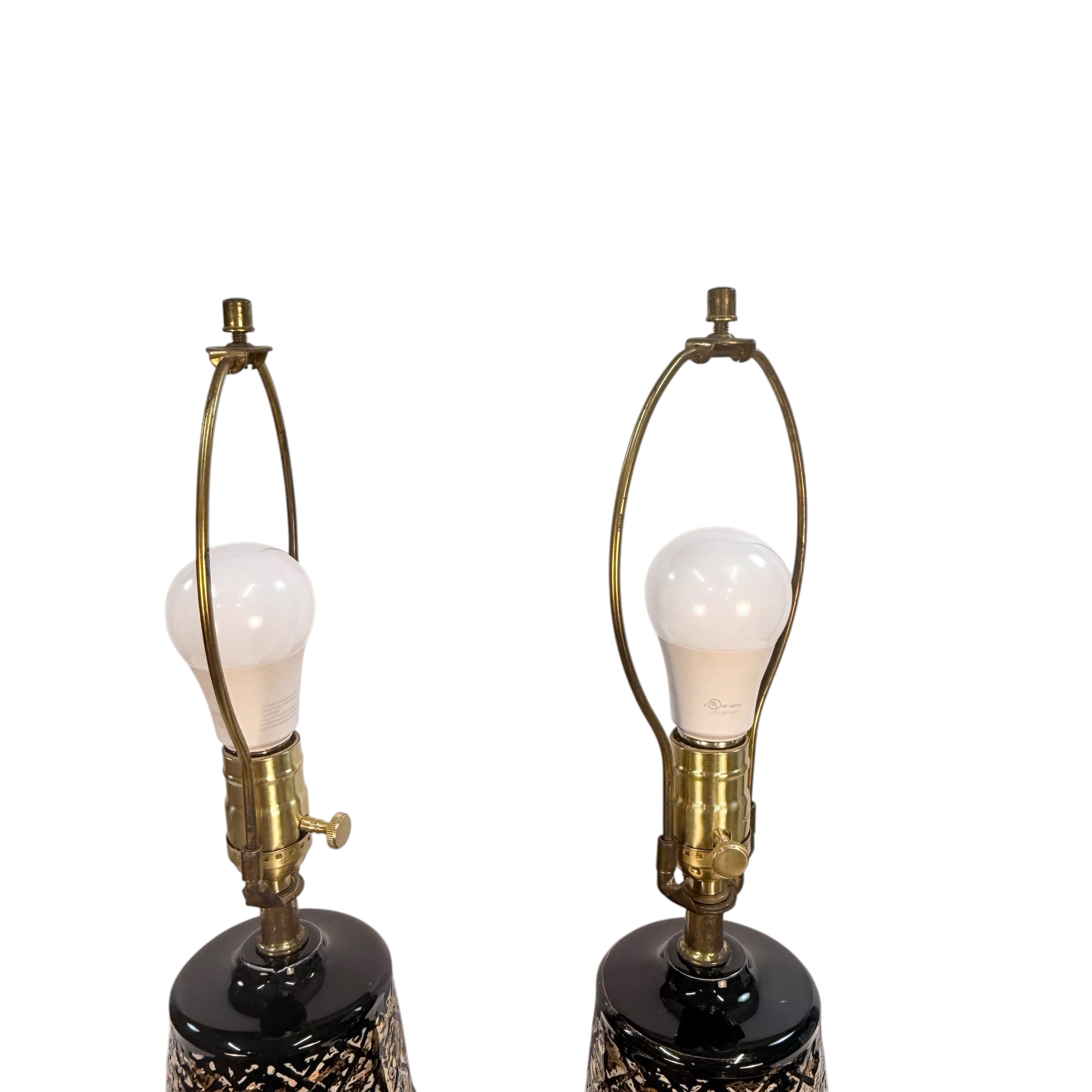 Pair Vintage 1970s Black & Gold Table Lamps with Original Fiberglass Shades | Hollywood Regency MCM