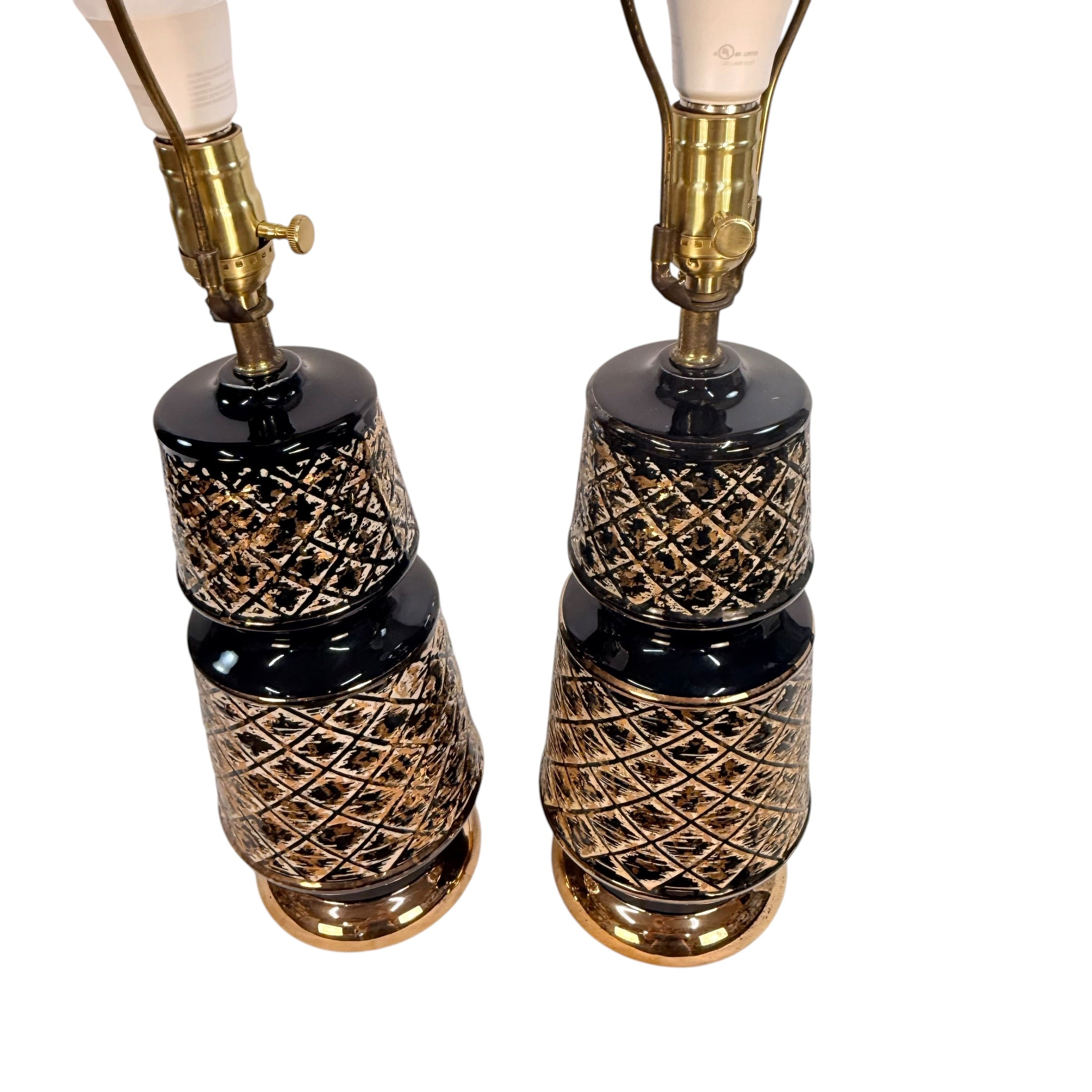 Pair Vintage 1970s Black & Gold Table Lamps with Original Fiberglass Shades | Hollywood Regency MCM