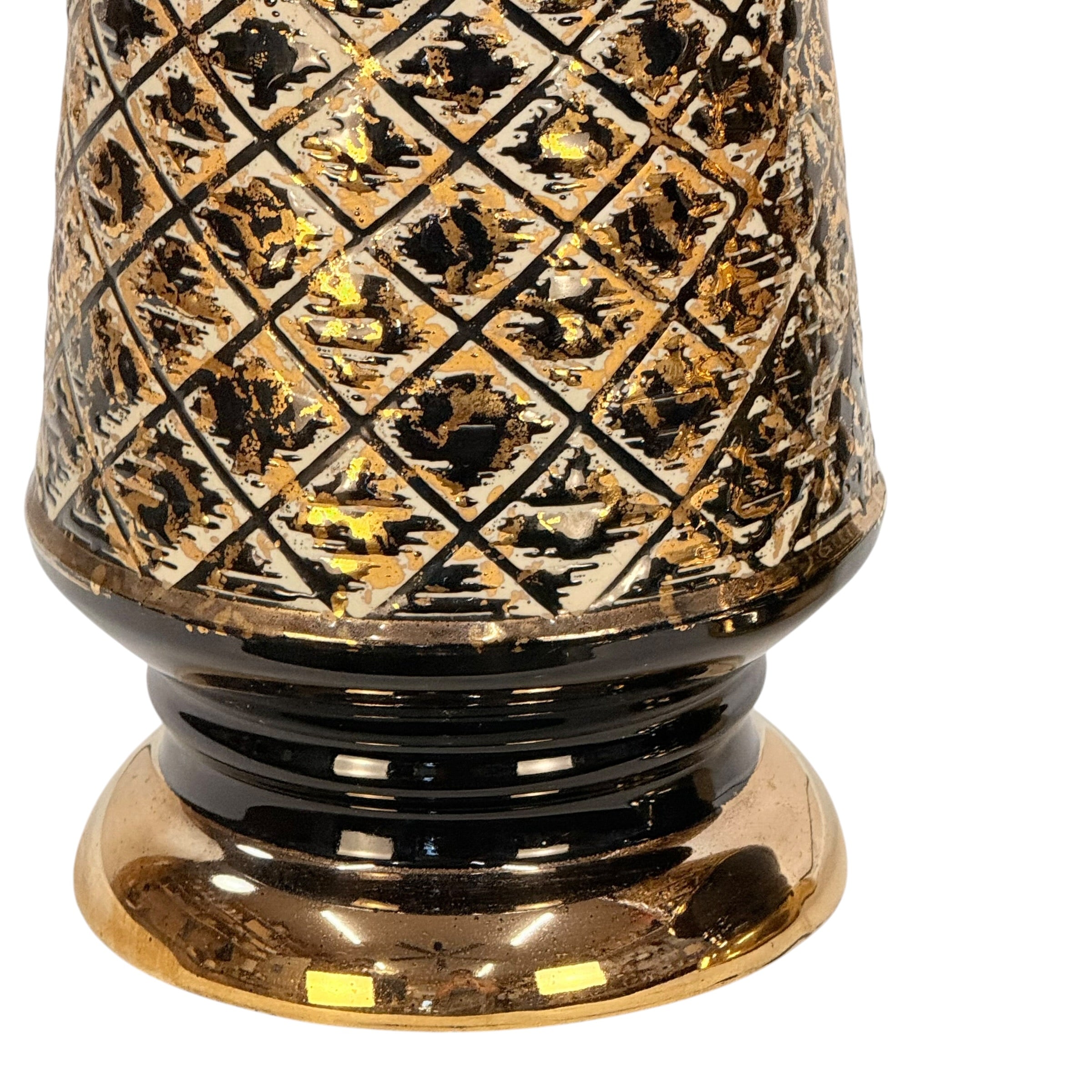 Pair Vintage 1970s Black & Gold Table Lamps with Original Fiberglass Shades | Hollywood Regency MCM