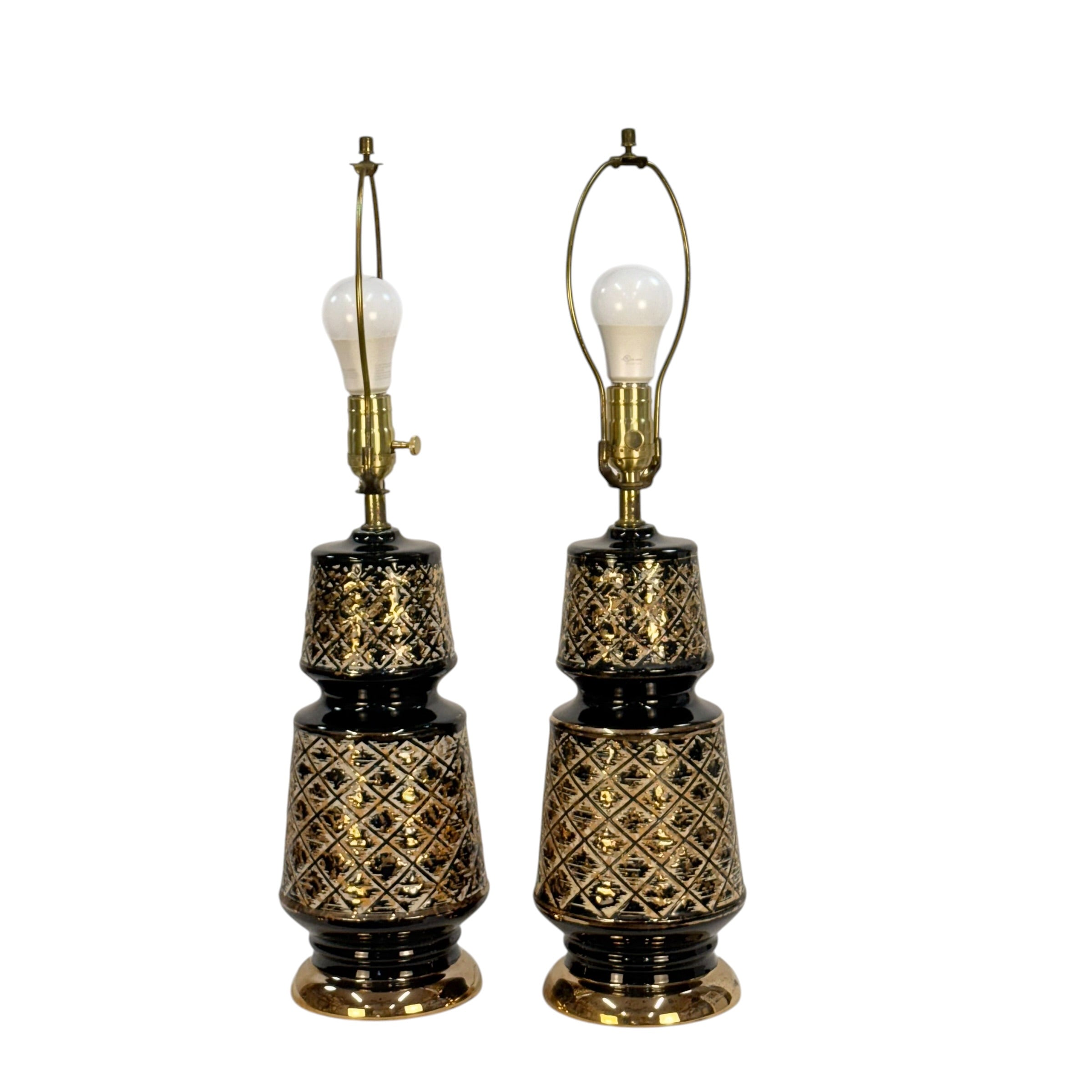 Pair Vintage 1970s Black & Gold Table Lamps with Original Fiberglass Shades | Hollywood Regency MCM