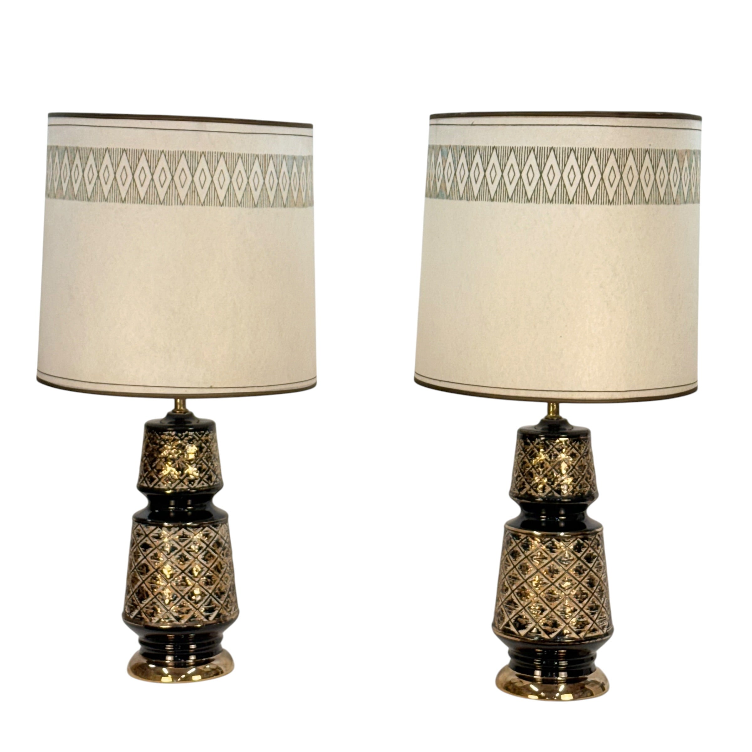 Pair Vintage 1970s Black & Gold Table Lamps with Original Fiberglass Shades | Hollywood Regency MCM