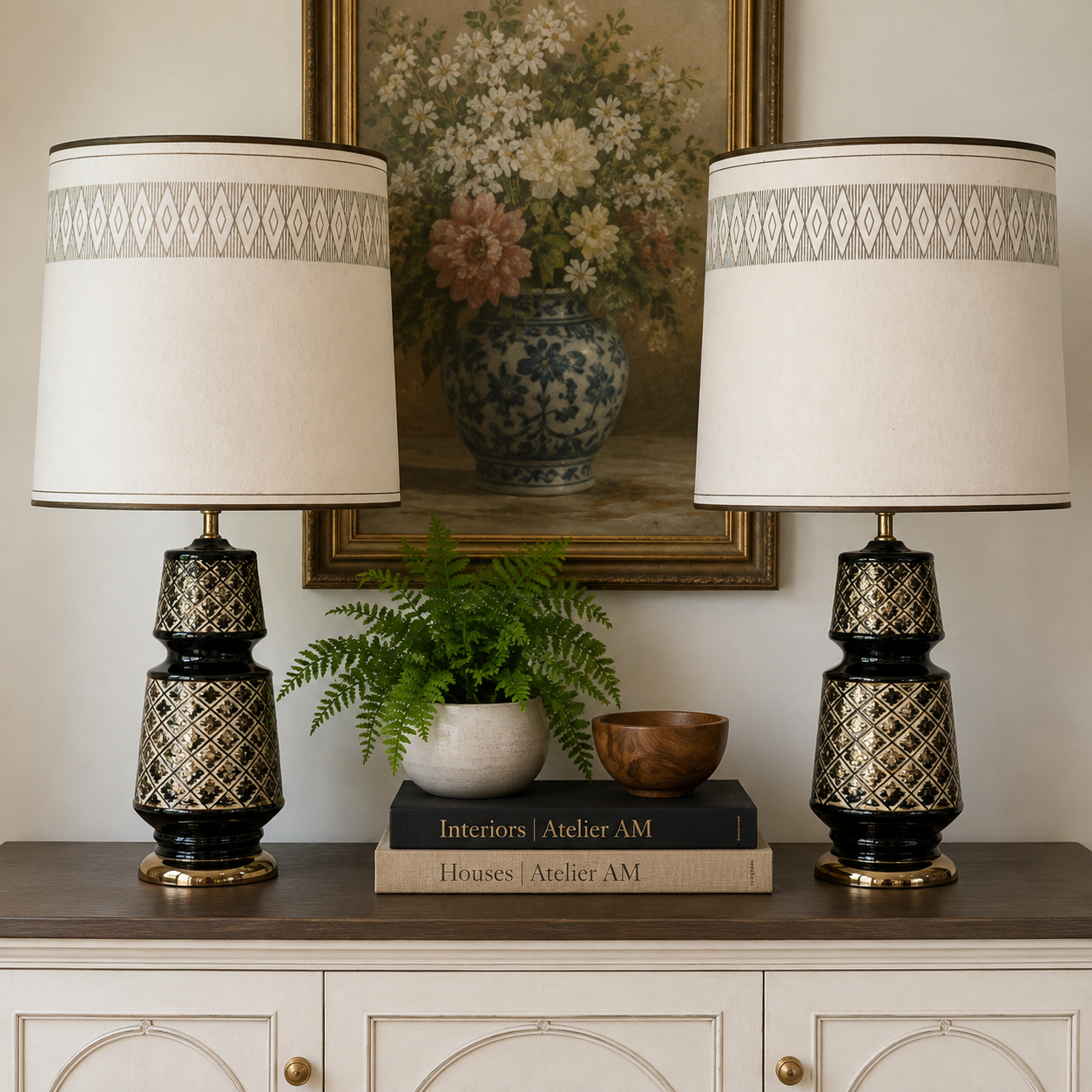Pair Vintage 1970s Black & Gold Table Lamps with Original Fiberglass Shades | Hollywood Regency MCM