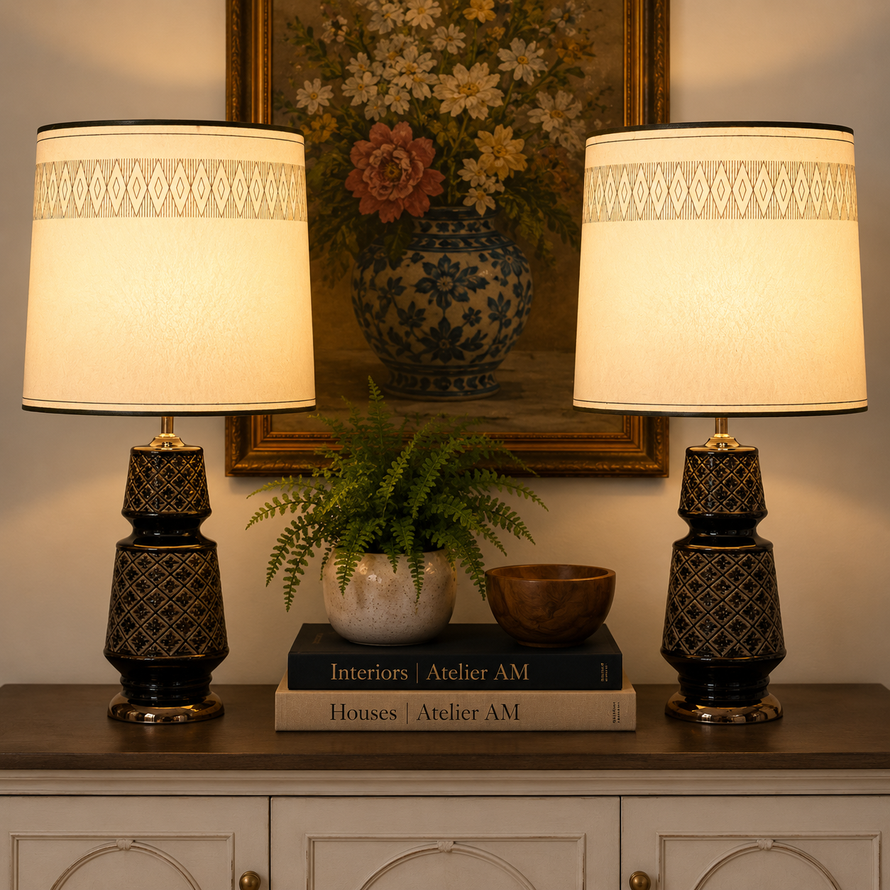 Pair Vintage 1970s Black & Gold Table Lamps with Original Fiberglass Shades | Hollywood Regency MCM