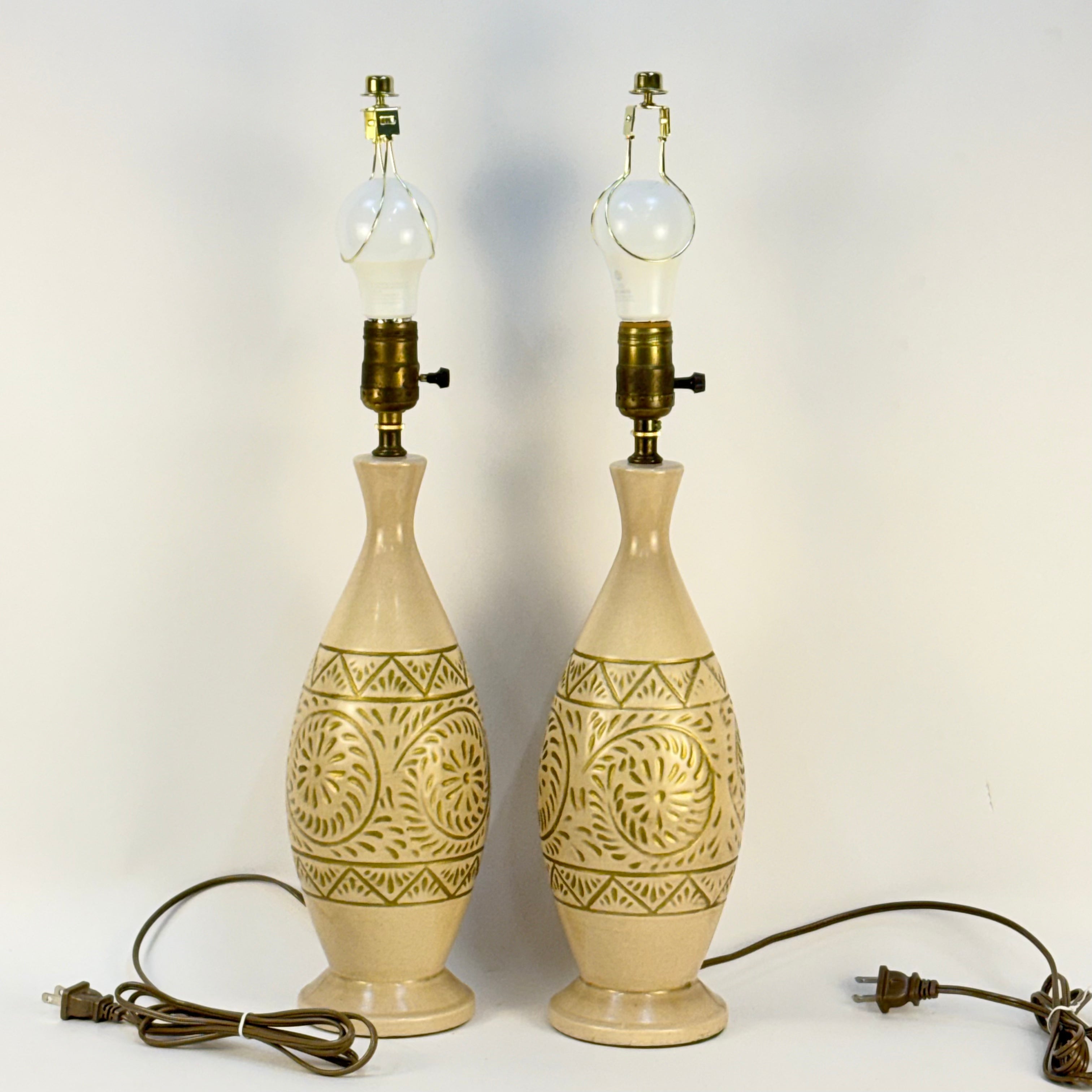 Pair of MCM Tan and Gold Ceramic Lamps