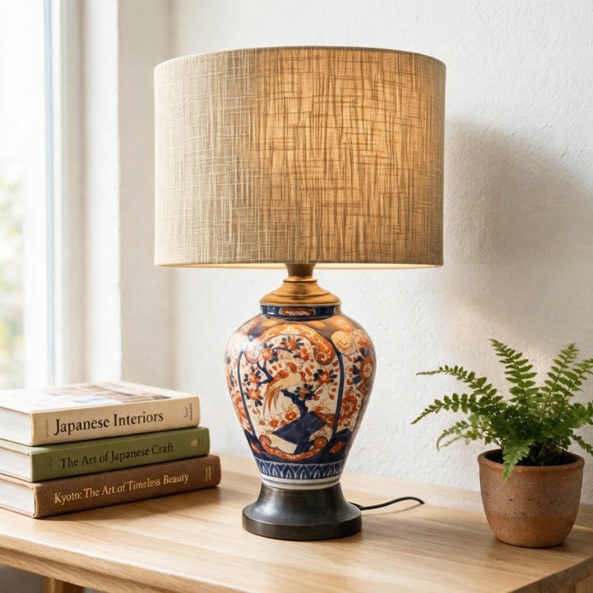 Blue and Orange Vintage Imari Ginger Jar Lamp, Patterned Decorative Home Decor Lamp, Chinoiserie Traditional Vintage Lamp