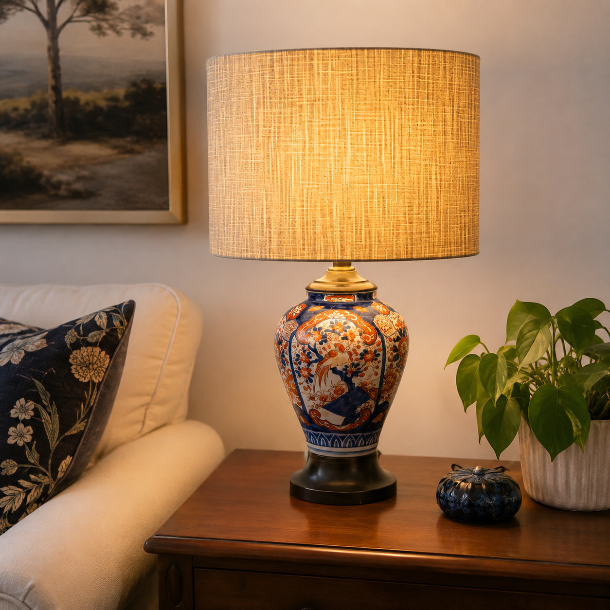 A decorative table lamp with a warm beige textured drum shade and a blue, orange, and white porcelain-style ceramic base, shown lit on a wooden side table in a living room setting.