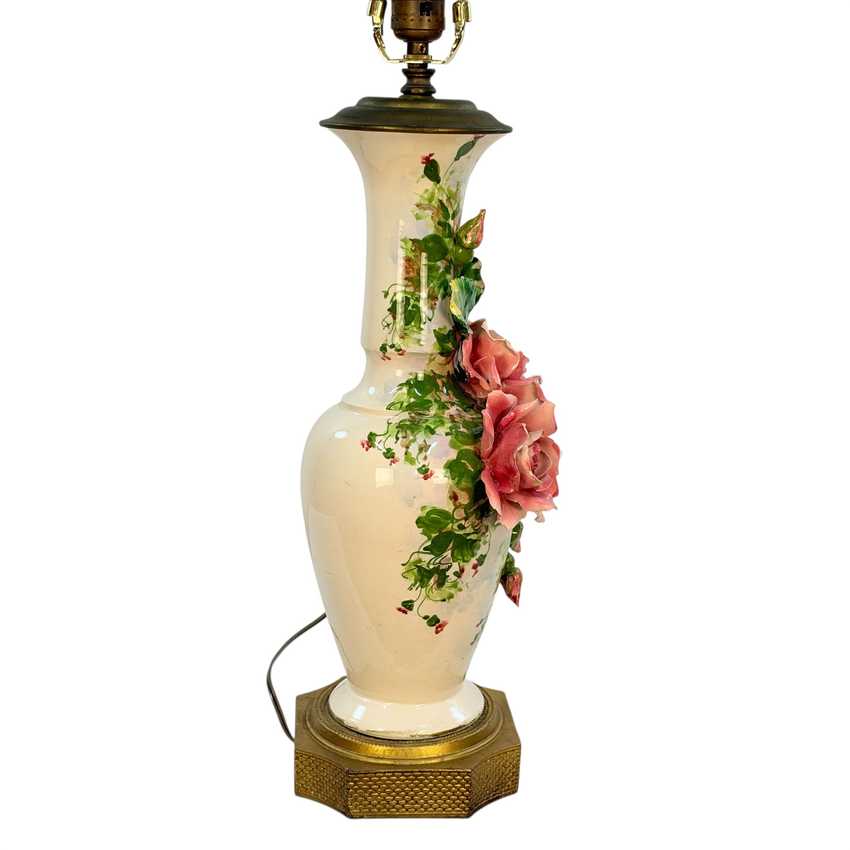 Vintage Italian Porcelain Rose Table Lamp | Capodimonte Style Sculpted Pink Flowers | Made in Italy Floral Urn Lamp
