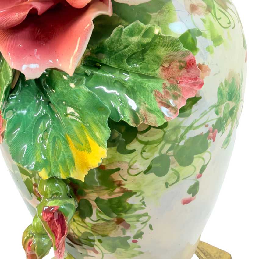 Vintage Italian Porcelain Rose Table Lamp | Capodimonte Style Sculpted Pink Flowers | Made in Italy Floral Urn Lamp