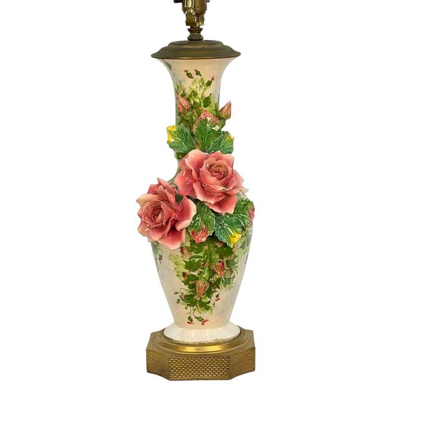 Vintage Italian Porcelain Rose Table Lamp | Capodimonte Style Sculpted Pink Flowers | Made in Italy Floral Urn Lamp