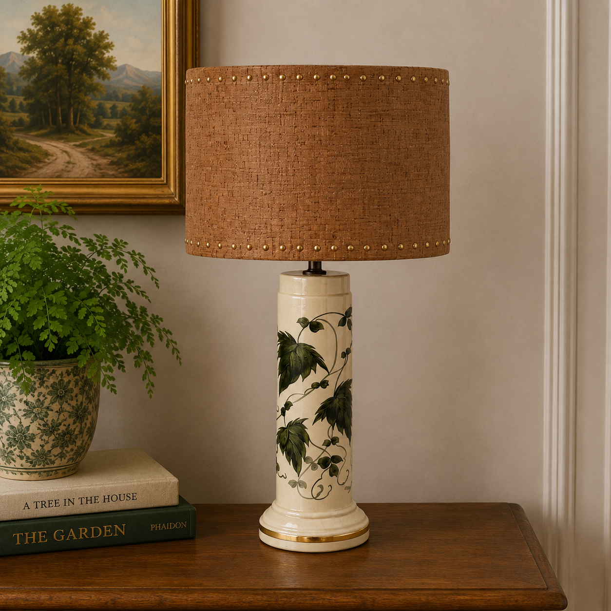 White ceramic lamp with hand painted ivy design with cork drum lampshade.