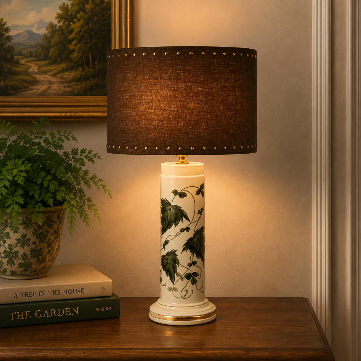 A table lamp with a dark brown fabric drum shade and a cream ceramic base decorated with green botanical leaves, shown lit on a wooden table in a styled interior setting.