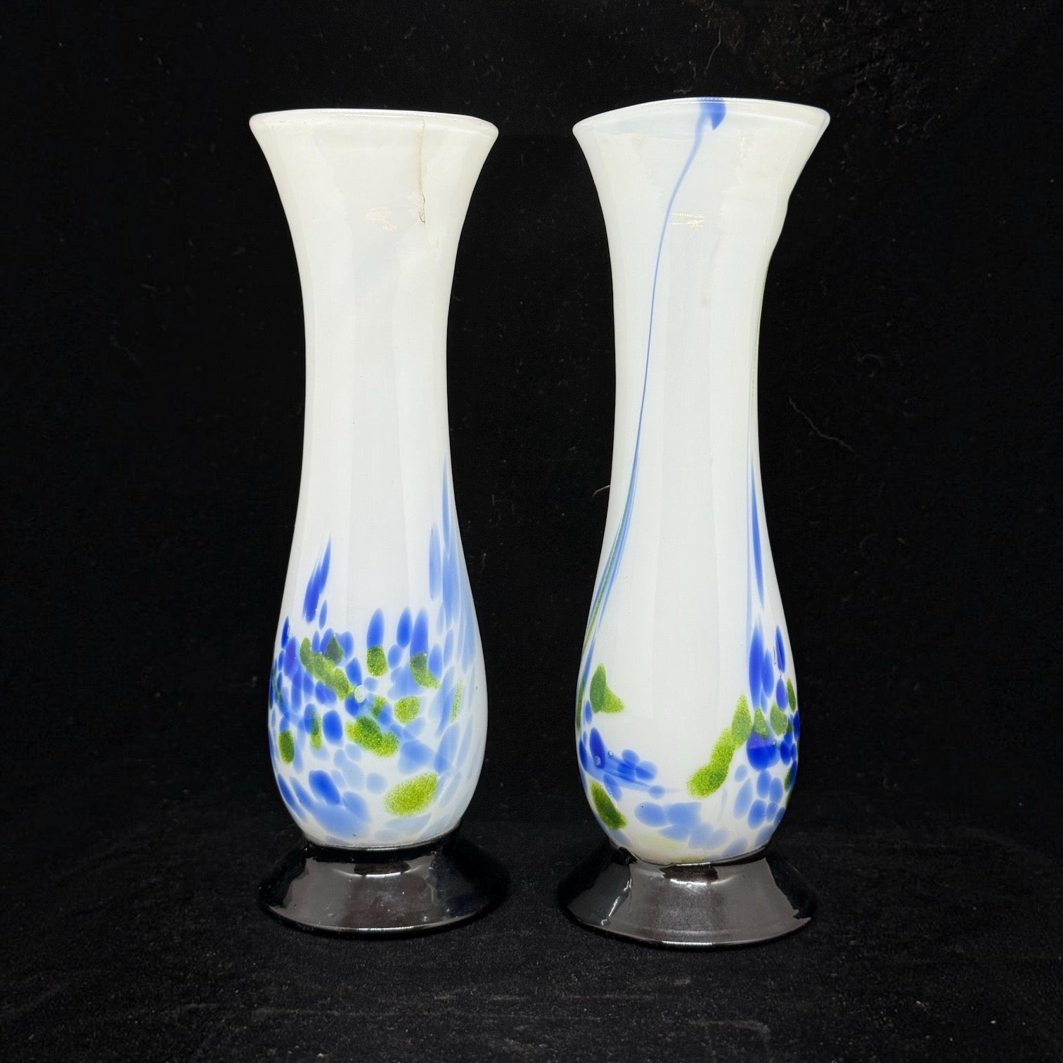 Pair of Vintage Japanese Art Glass Bud Vases | Hand Blown White Glass Vases | Blue & Green Art Glass | Mid Century Modern Decor | Made in Japan