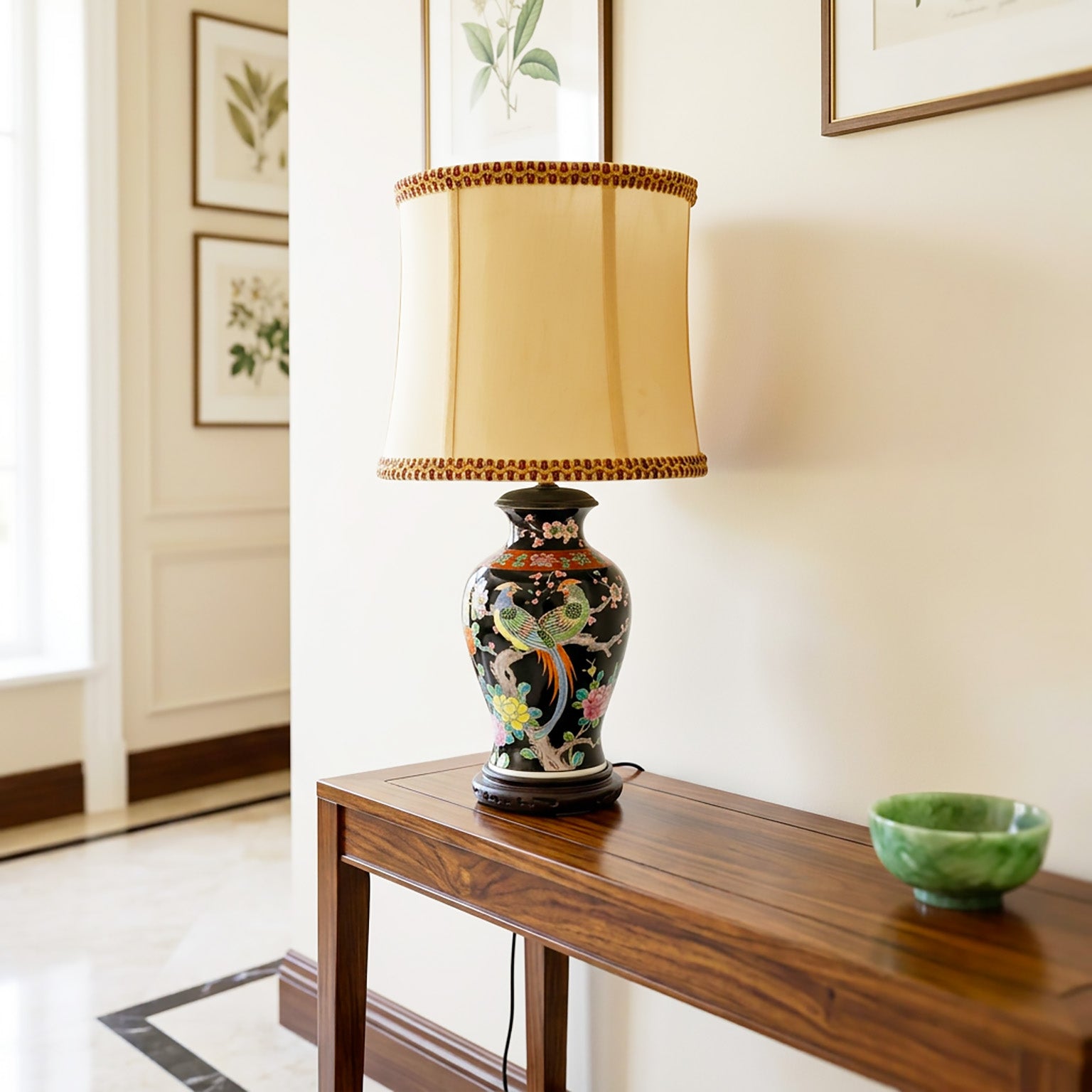 Vintage Japanese Pheasant & Cherry Blossom Table Lamp | Black Floral Asian Vase Lamp | Hand Painted Made in Japan