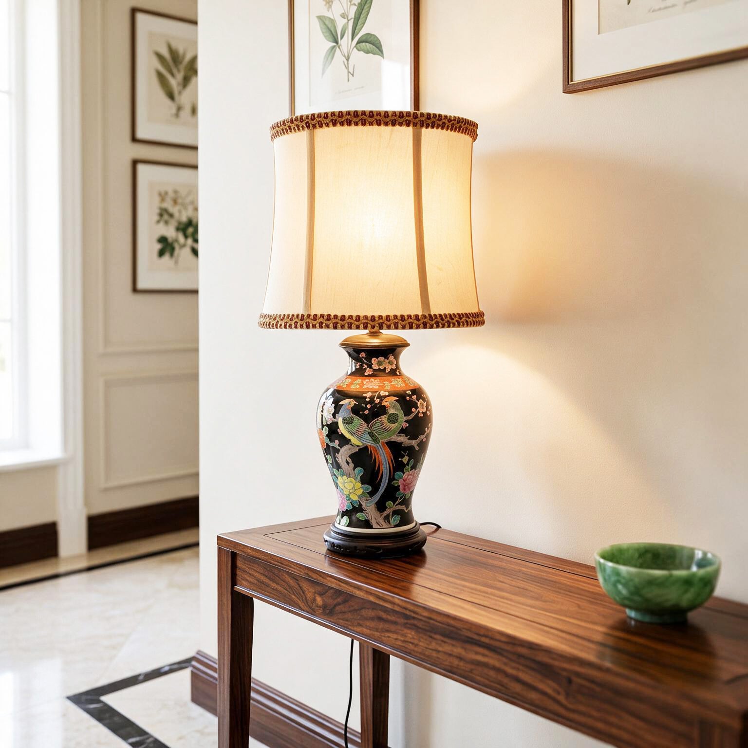 Vintage Japanese Pheasant & Cherry Blossom Table Lamp | Black Floral Asian Vase Lamp | Hand Painted Made in Japan