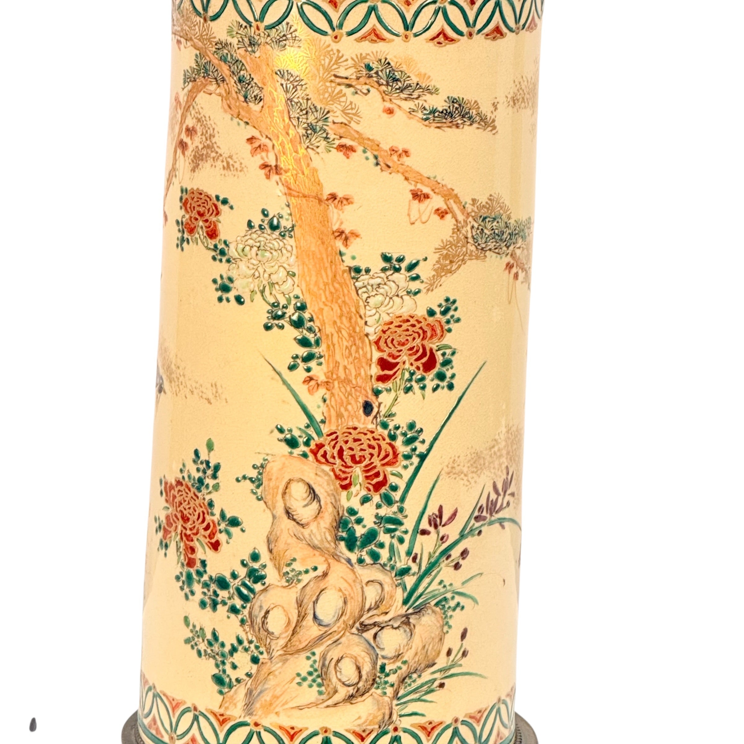 Hand Painted Japanese Decorative Cylinder Vase Lamp, Tabletop Table Lamp, Accent Floral Painted Vase Lamp