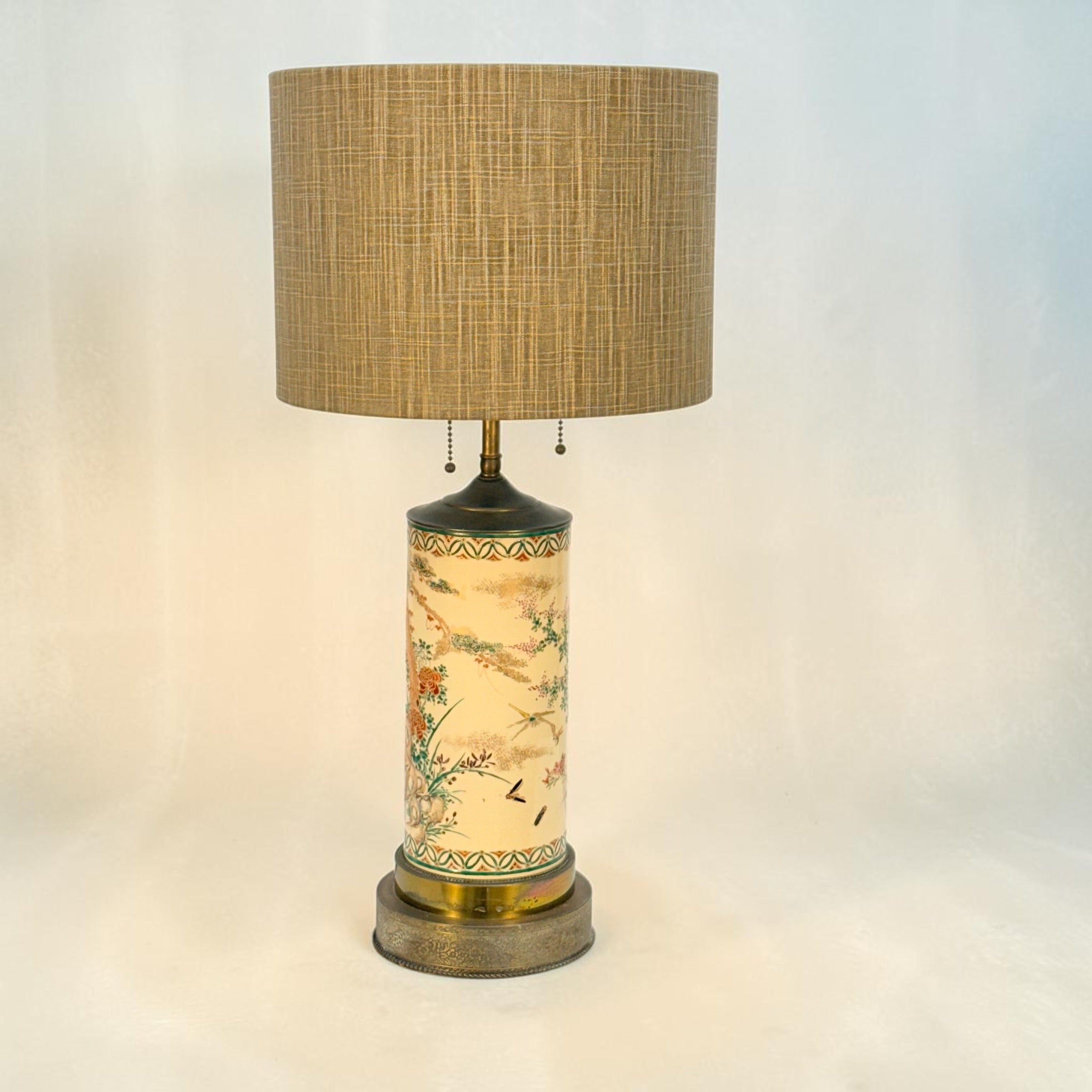 Hand Painted Japanese Decorative Cylinder Vase Lamp, Tabletop Table Lamp, Accent Floral Painted Vase Lamp
