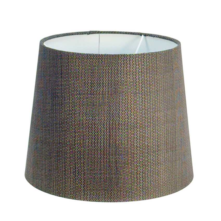A tapered fabric lampshade with a textured, woven pattern in a dark brown and gray colorway, featuring a white interior lining, shown against a plain white background.