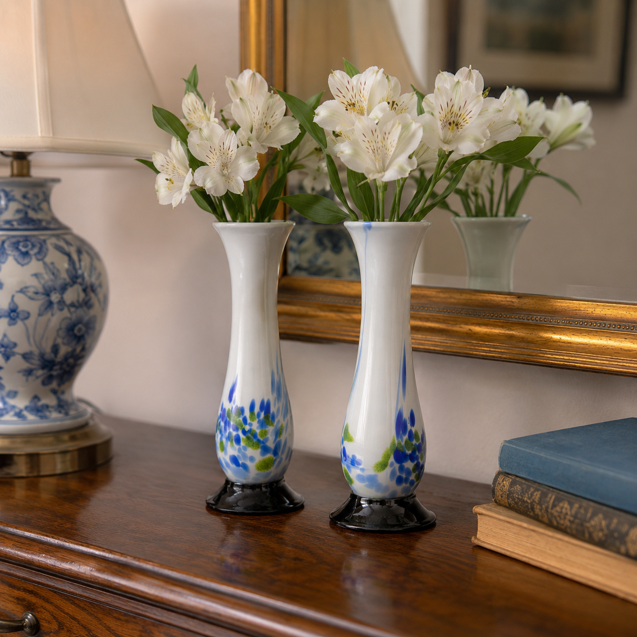 Pair of Vintage Japanese Art Glass Bud Vases | Hand Blown White Glass Vases | Blue & Green Art Glass | Mid Century Modern Decor | Made in Japan