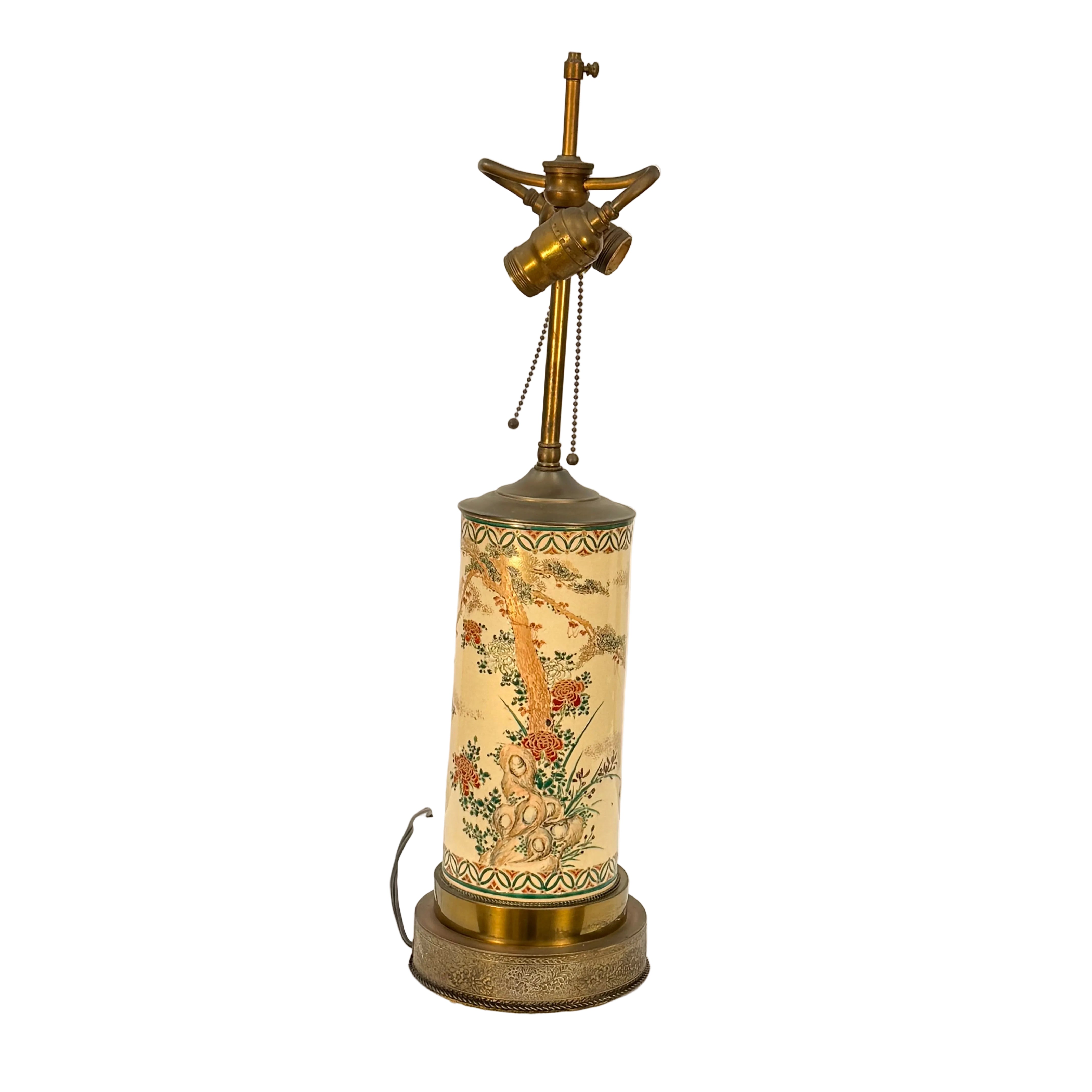 Decorative table lamp with floral patterns on a plain background