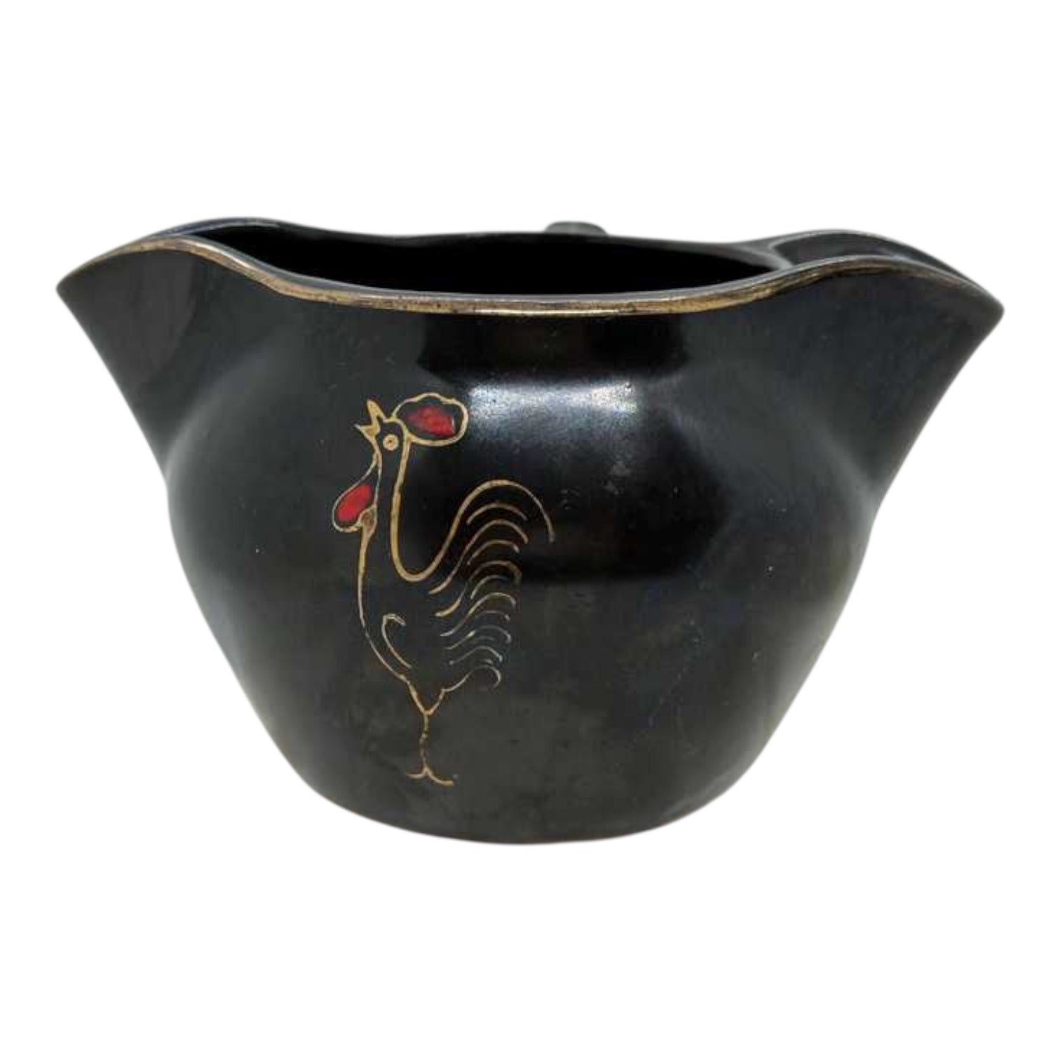 A black ceramic pitcher with a gold rooster design and red comb details, set against a plain white background.
