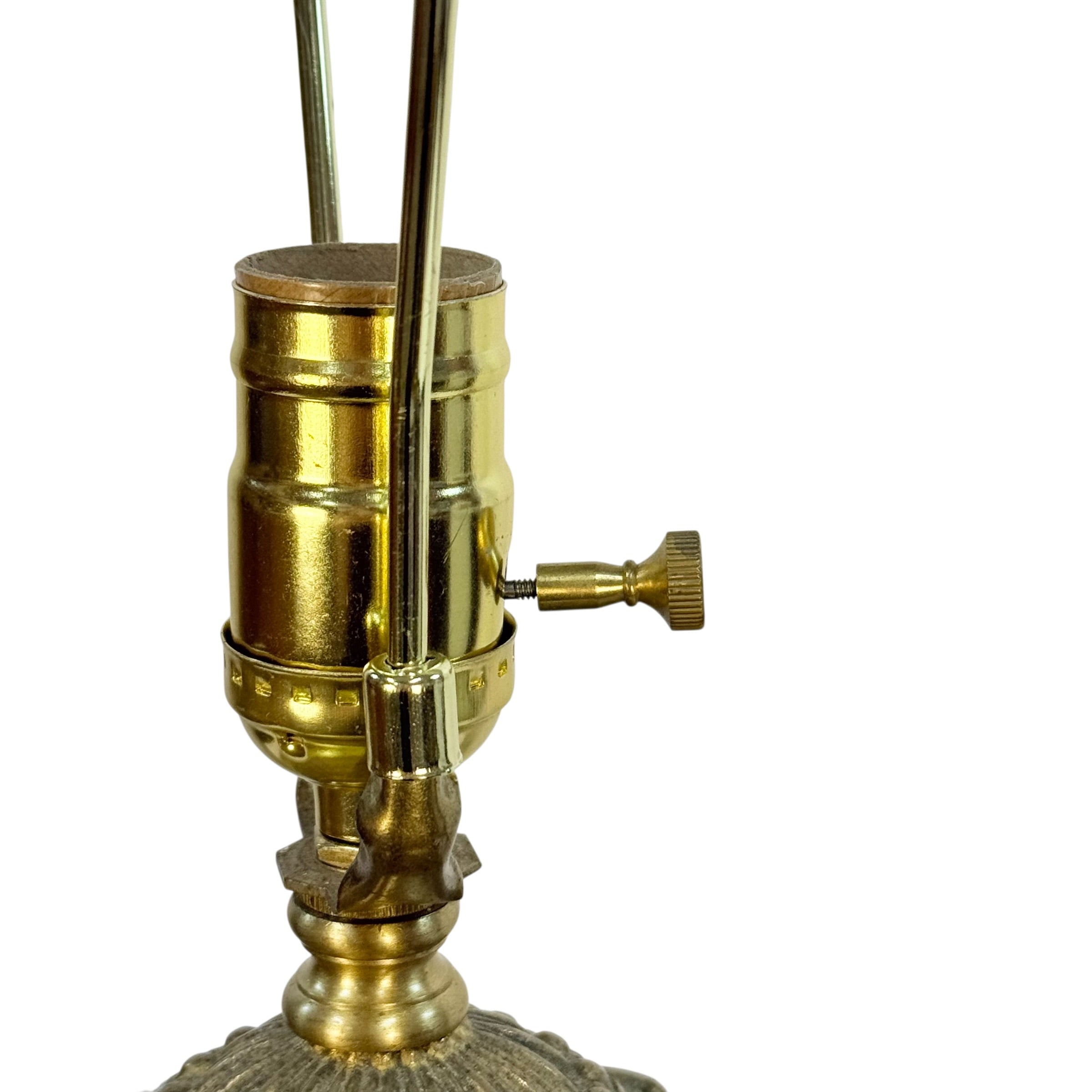 Close-up of a brass table lamp base and socket assembly with a side adjustment knob, shown against a plain white background.