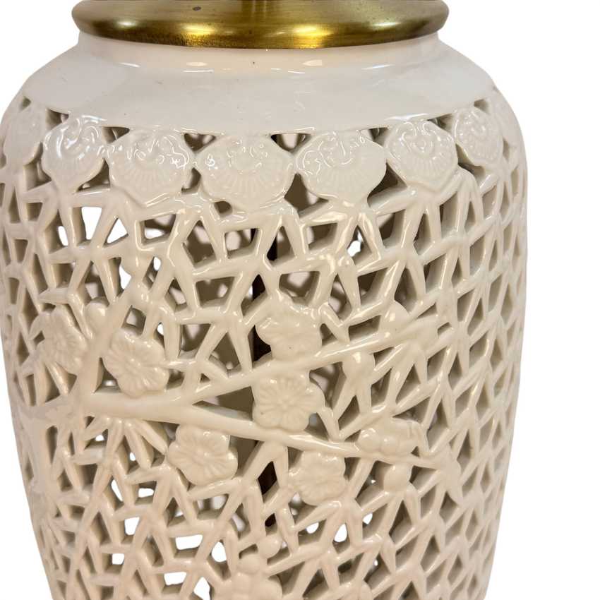 Vintage Blanc de Chine Style Lamp Pierced Porcelain Cherry Blossom Asian Table Lamp Hong Kong 27”