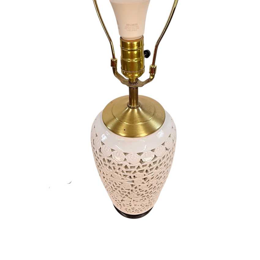 Vintage Blanc de Chine Style Lamp Pierced Porcelain Cherry Blossom Asian Table Lamp Hong Kong 27”