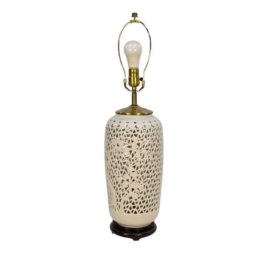 Vintage Blanc de Chine Style Lamp Pierced Porcelain Cherry Blossom Asian Table Lamp Hong Kong 27”