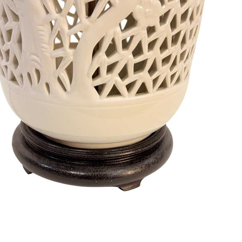 Vintage Blanc de Chine Style Lamp Pierced Porcelain Cherry Blossom Asian Table Lamp Hong Kong 27”
