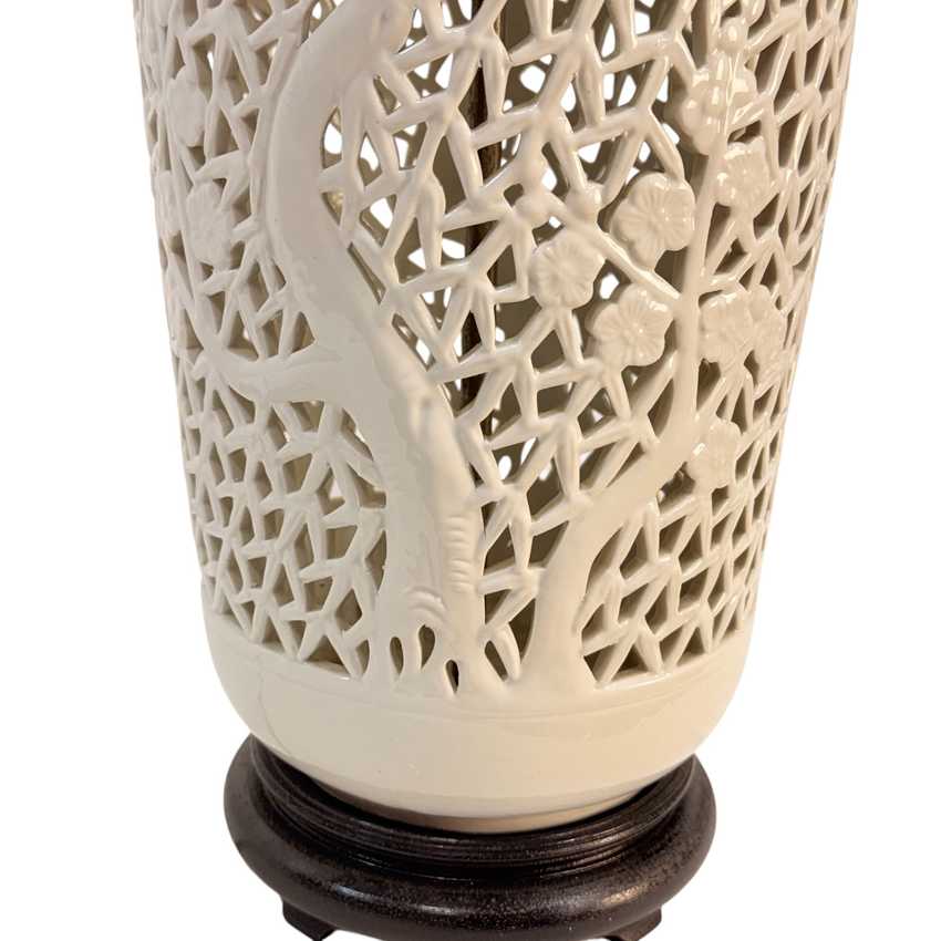 Vintage Blanc de Chine Style Lamp Pierced Porcelain Cherry Blossom Asian Table Lamp Hong Kong 27”