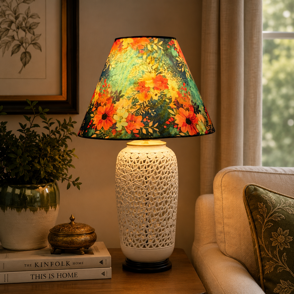 A table lamp with a white textured ceramic base and a colorful floral lampshade in orange, yellow, green, and red, styled on a wooden table next to a sofa in a cozy living room setting.