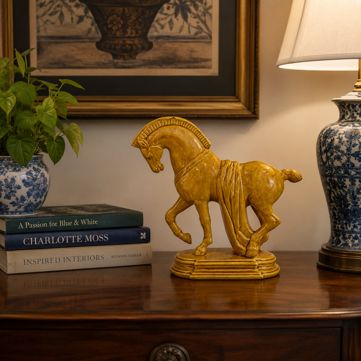 Vintage Ceramic Horse Figurine | Classical Greek Style Horse Statue | Golden Glazed Pottery | Equestrian Decor | Shelf Sculpture
